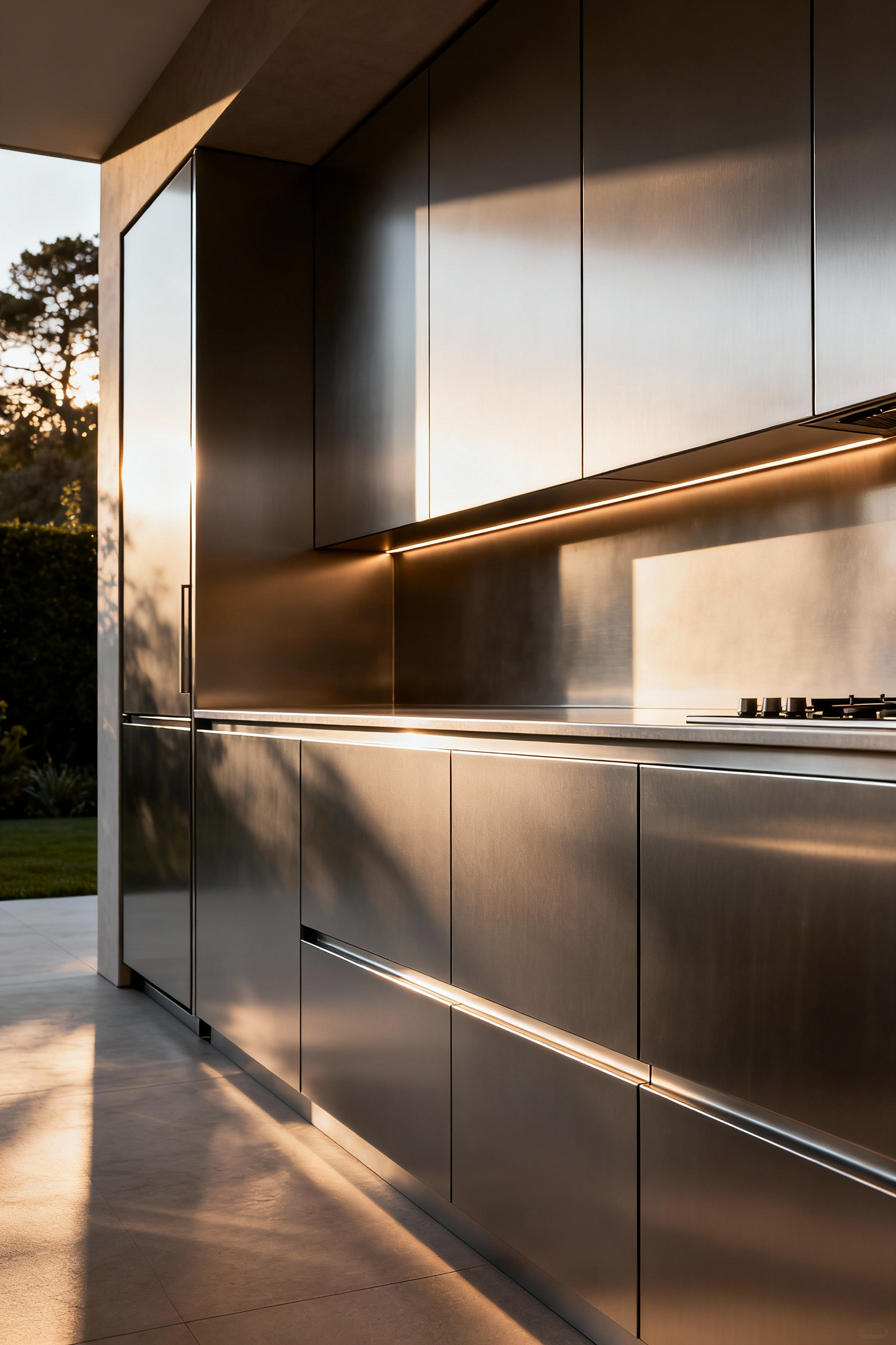 A stunning bespoke outdoor kitchen featuring custom 316L stainless steel cabinetry integrated perfectly with contemporary home architecture, showcasing unique design and seamless cohesion.