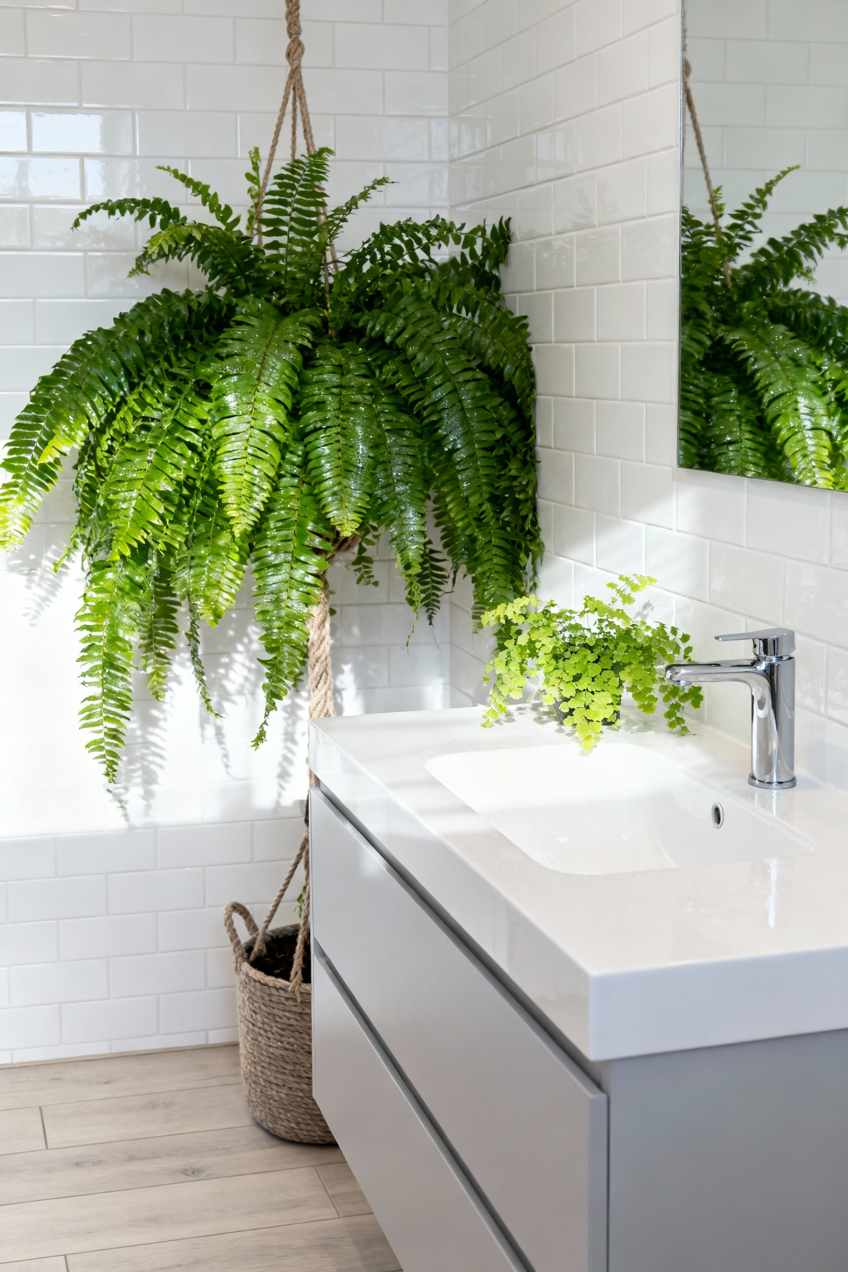 A minimalist bathroom featuring a floating gray vanity and white tiles, dramatically softened by a large cascading Boston Fern hanging from the ceiling and a small Maidenhair Fern on the counter, illustrating biophilic design principles.