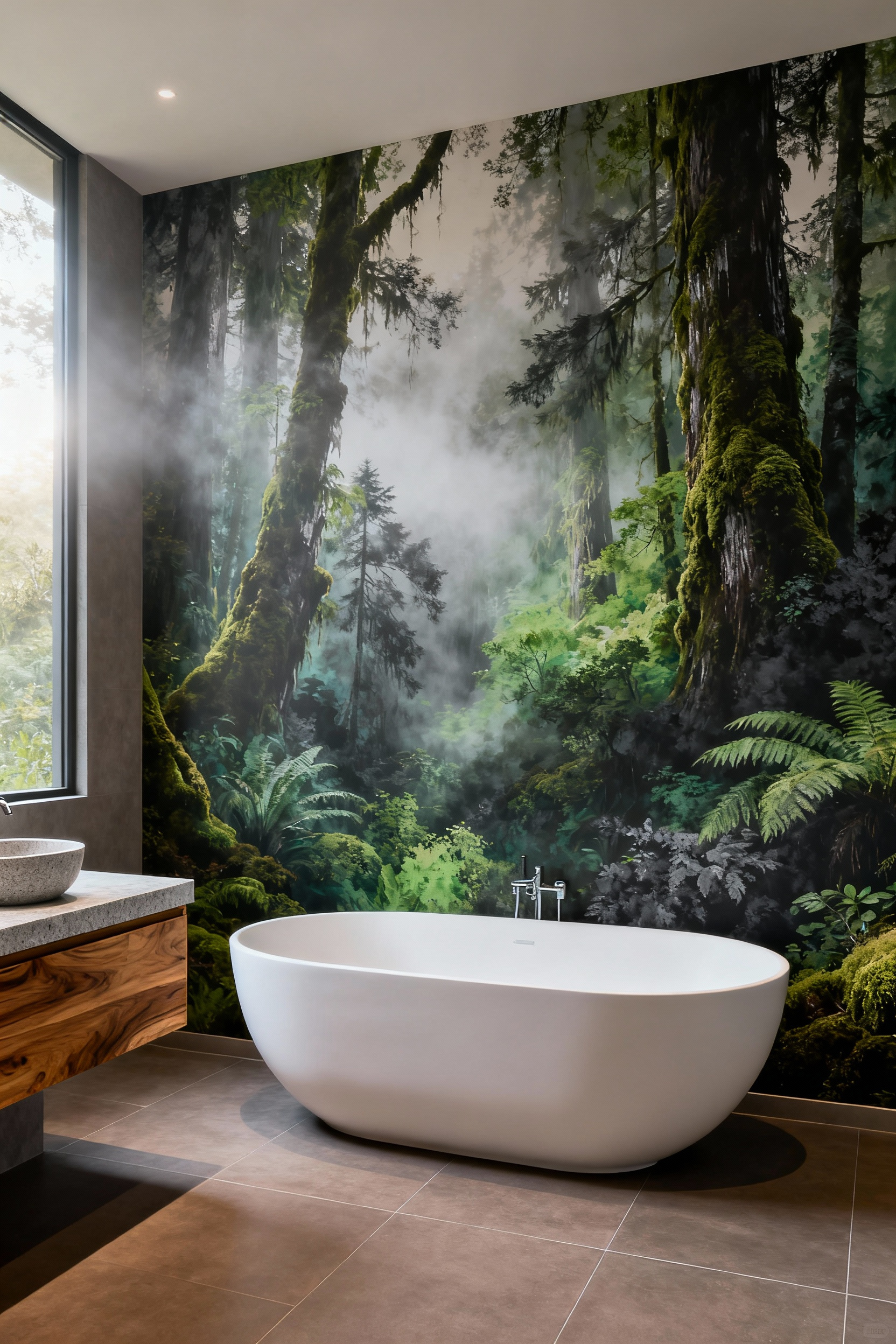 Luxurious bathroom design featuring floor-to-ceiling biophilic rainforest wallpaper and a white soaking tub, emphasizing stress-reducing nature themes.