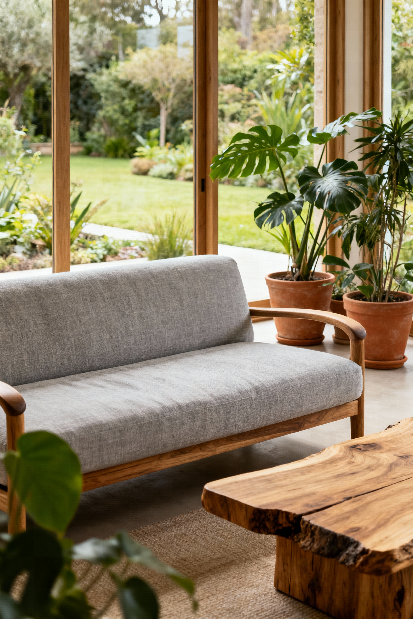 A peaceful biophilic living room with a linen sofa, wooden coffee table, and lush indoor plants, bathed in natural light from large windows showing a garden view.
