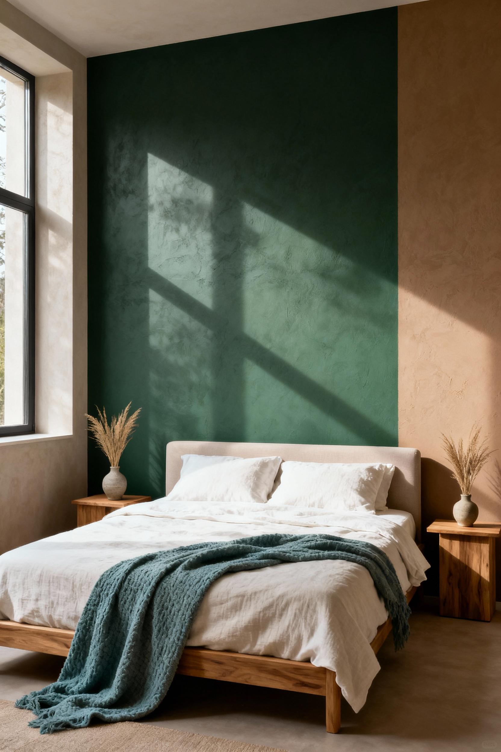 A wide-angle photograph of a tranquil bedroom with walls painted in grounding sage green and warm sandy taupe, demonstrating biophilic wall decor.
