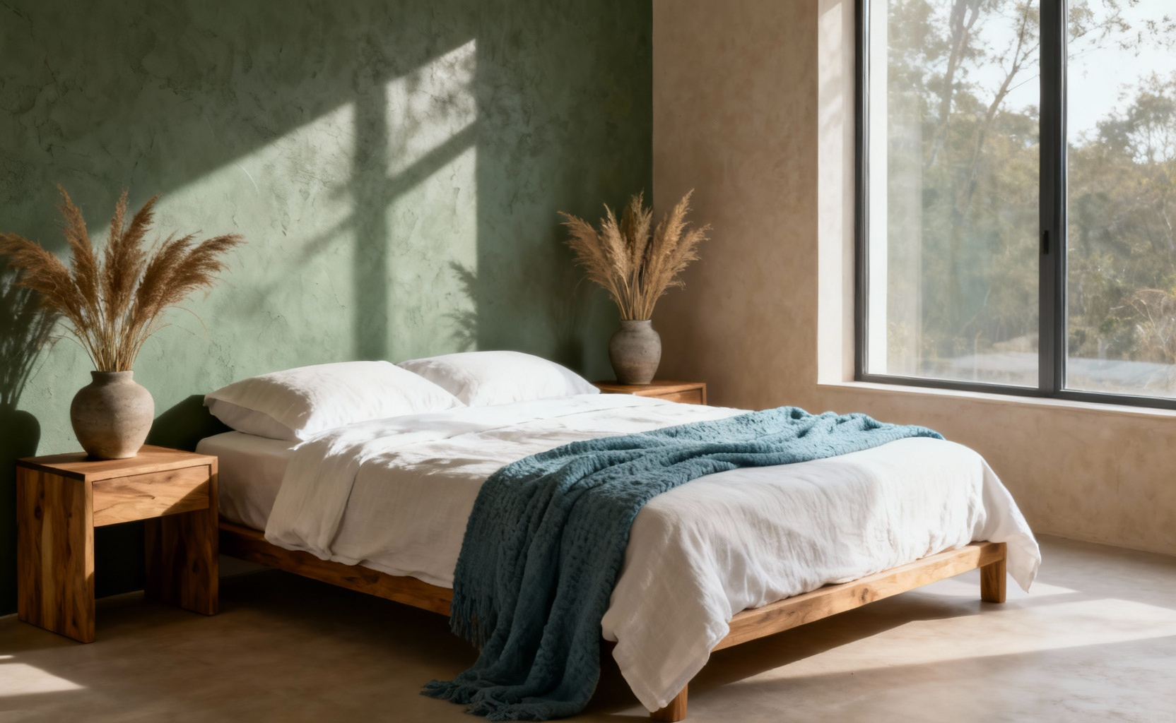 A wide-angle photograph of a tranquil bedroom with walls painted in grounding sage green and warm sandy taupe, demonstrating biophilic wall decor.