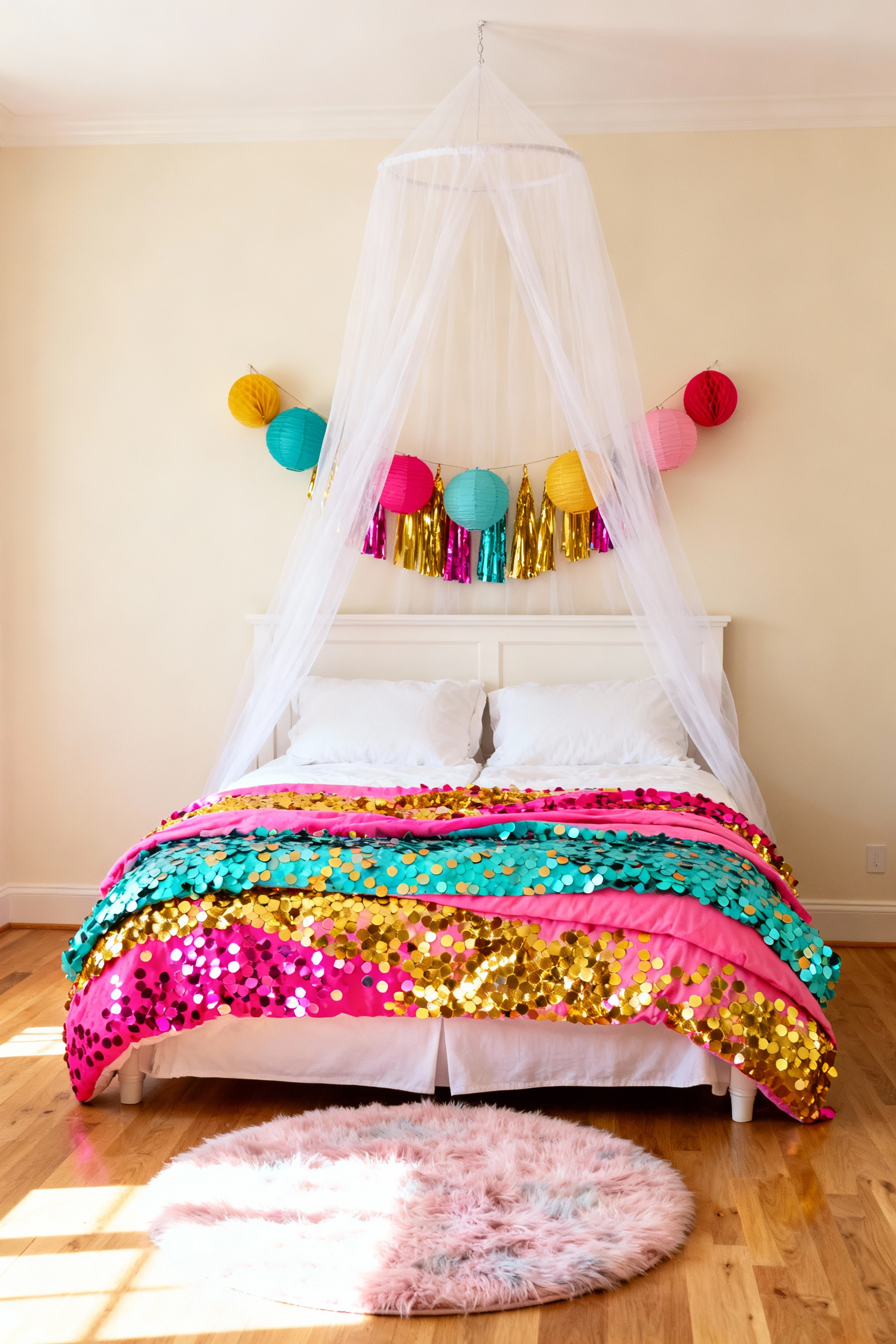 Vibrant photograph of a girl's bedroom temporarily transformed for a 'Birthday Week' using bright patterned bedding, a suspended bed canopy, and colorful paper lanterns.