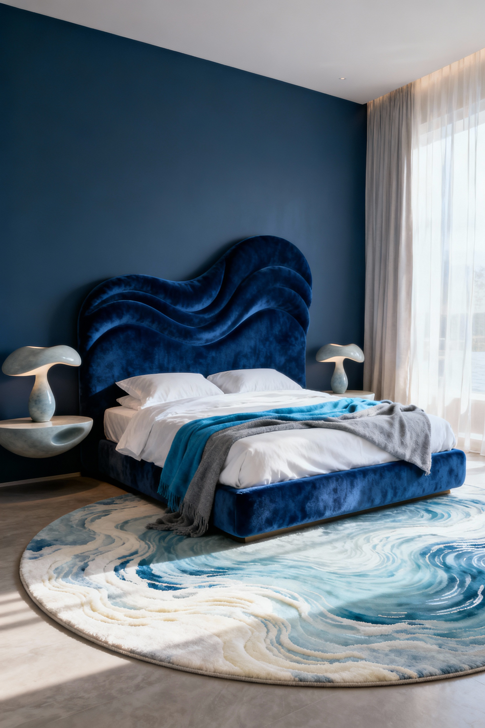 A sophisticated blue master bedroom integrating the Water element through fluid, curved shapes, including a rippling indigo velvet headboard and an abstract rug with swirling patterns, avoiding literal water features.