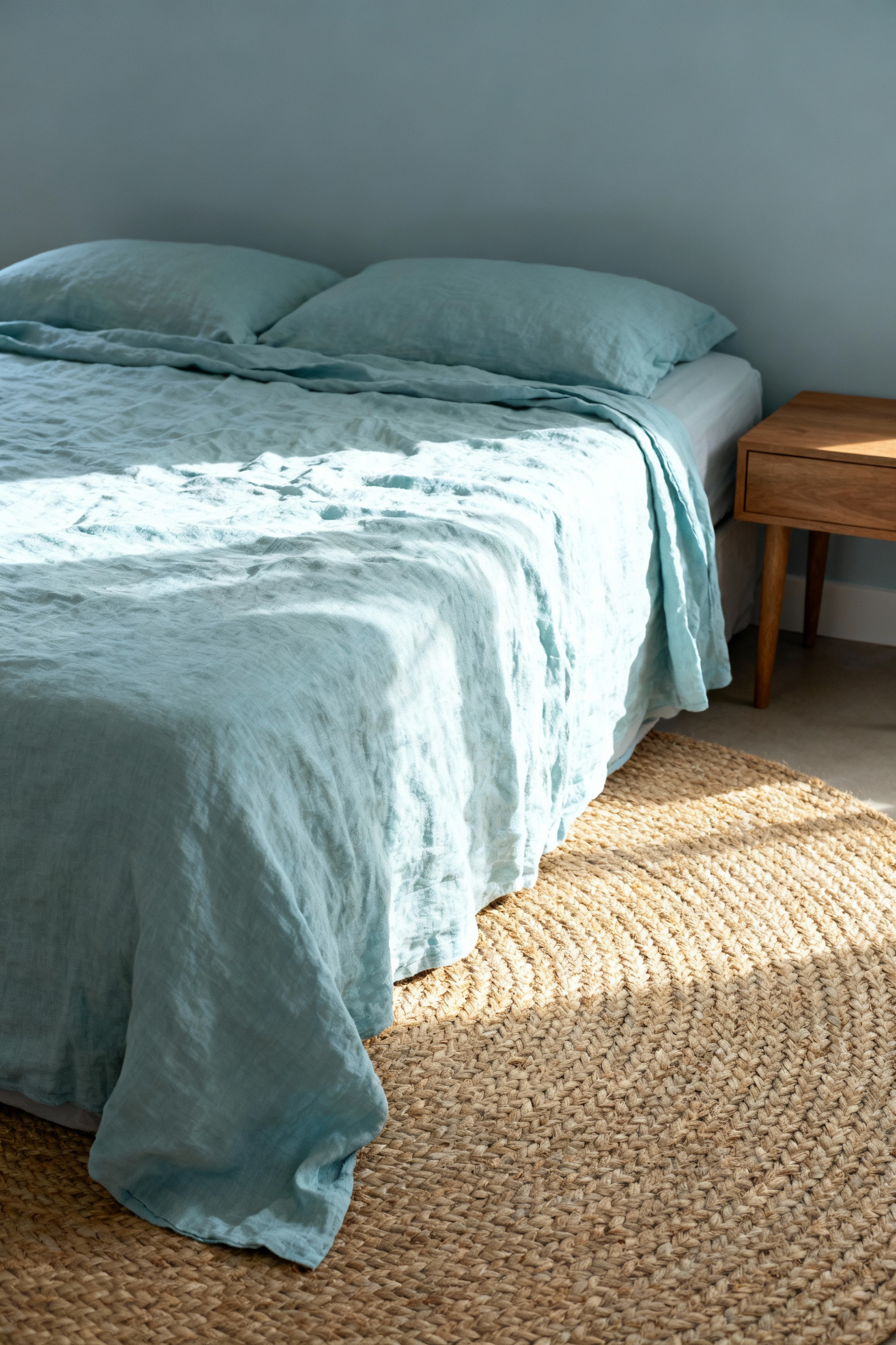 A serene bedroom featuring haptic counterbalance design. Cool blue organic flax linen bedding rests on a bed situated atop a large, rough braided natural jute rug, demonstrating the contrast between sea and sand textures for visual warmth.