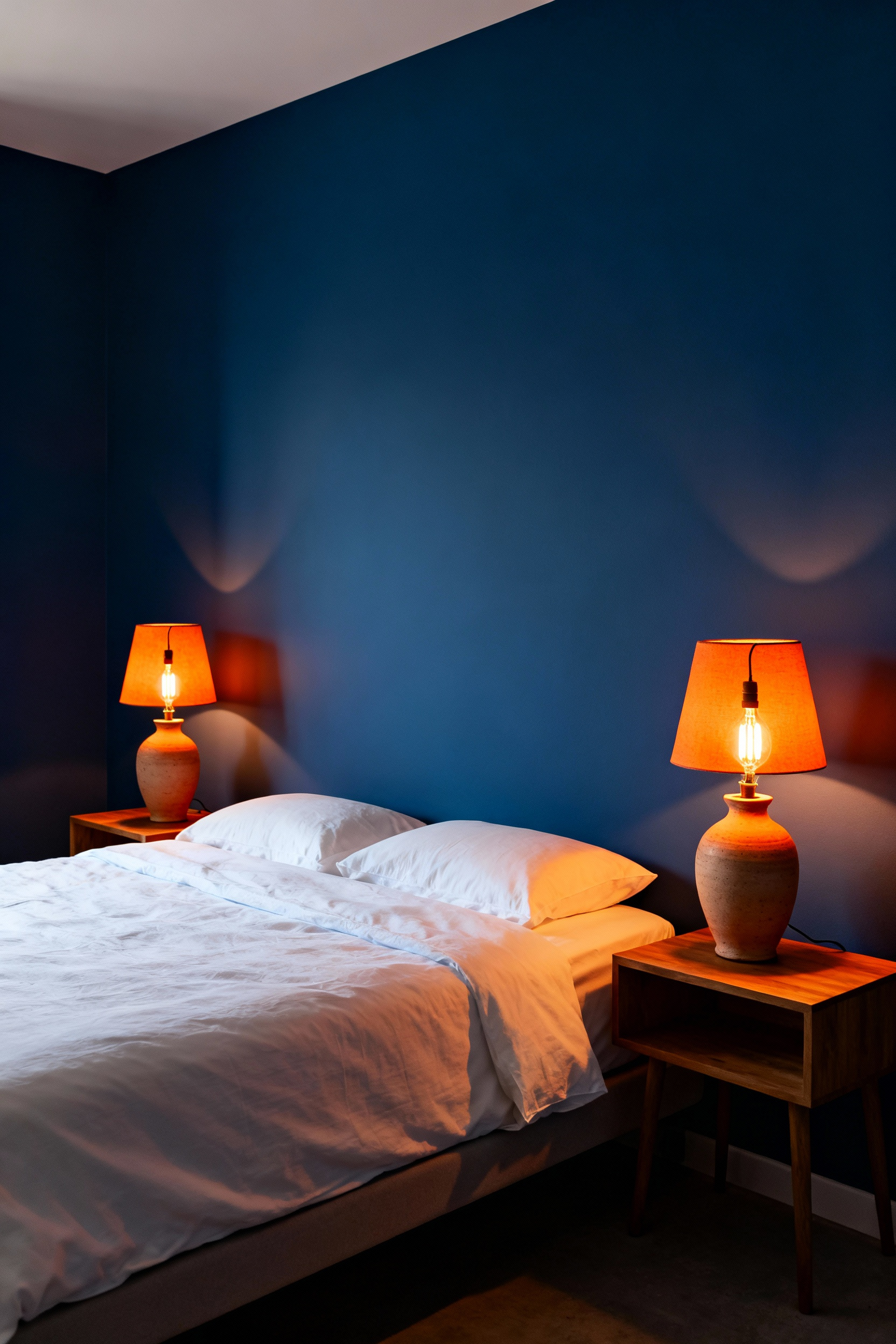 A deep slate blue bedroom illuminated by warm, low-Kelvin amber light from bedside lamps, demonstrating the use of complementary colors for optimal evening wind-down and sleep hygiene.