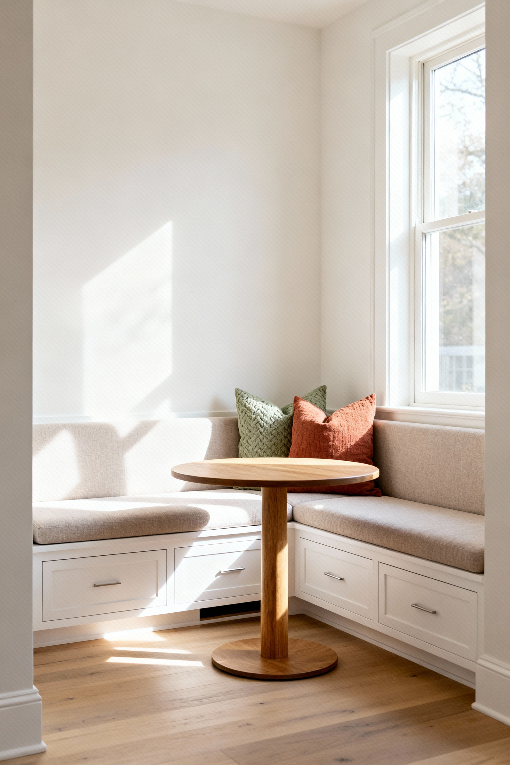 A narrow, sunlit dining nook featuring an L-shaped built-in banquette with hidden storage underneath, demonstrating efficient use of space.