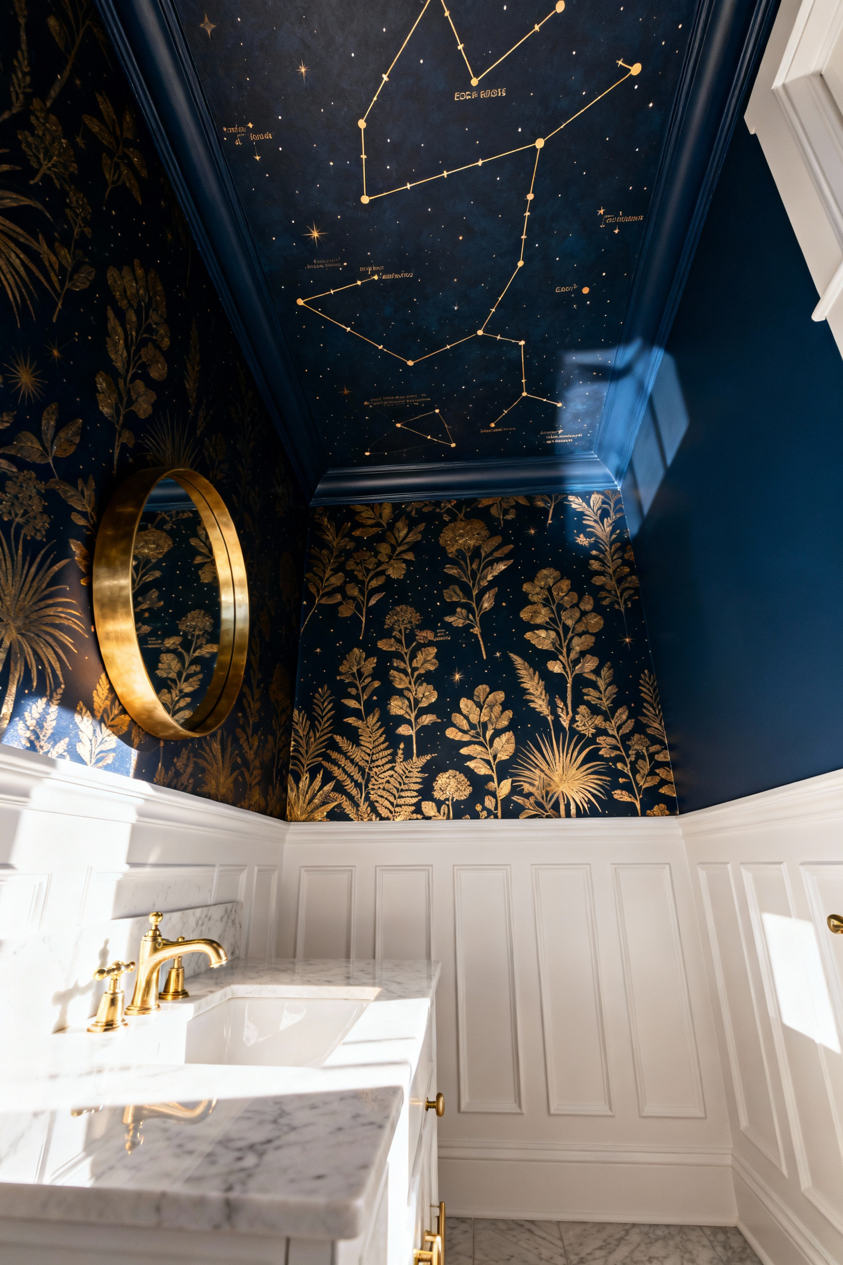 Detailed photograph showing a small bathroom with a high ceiling covered in dark blue and gold metallic celestial patterned wallpaper above white wainscoting and navy walls.