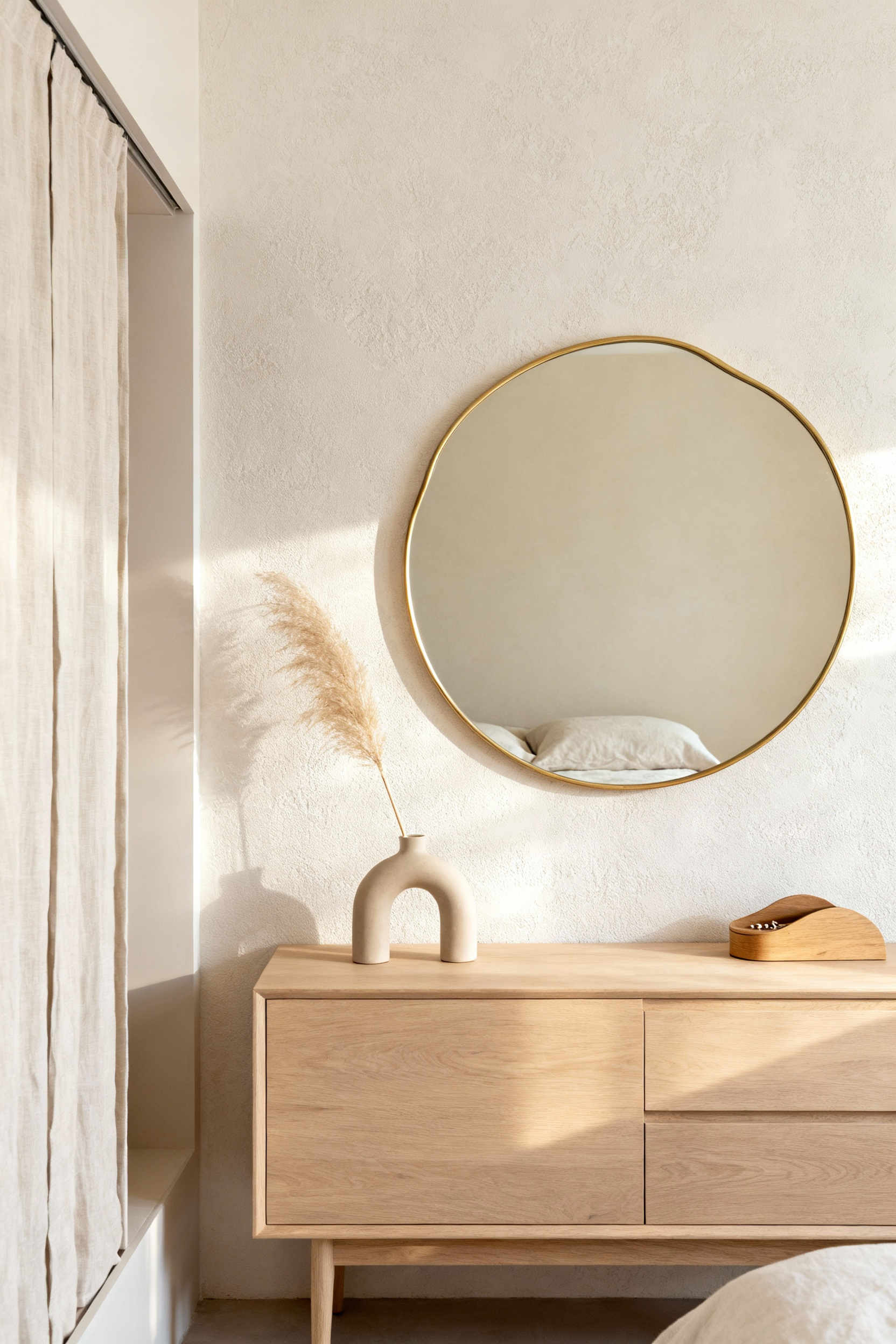 Large circular brass mirror hanging above a light oak dresser in a tranquil, neutral-toned bedroom, contrasting with the straight lines of the surrounding furniture.