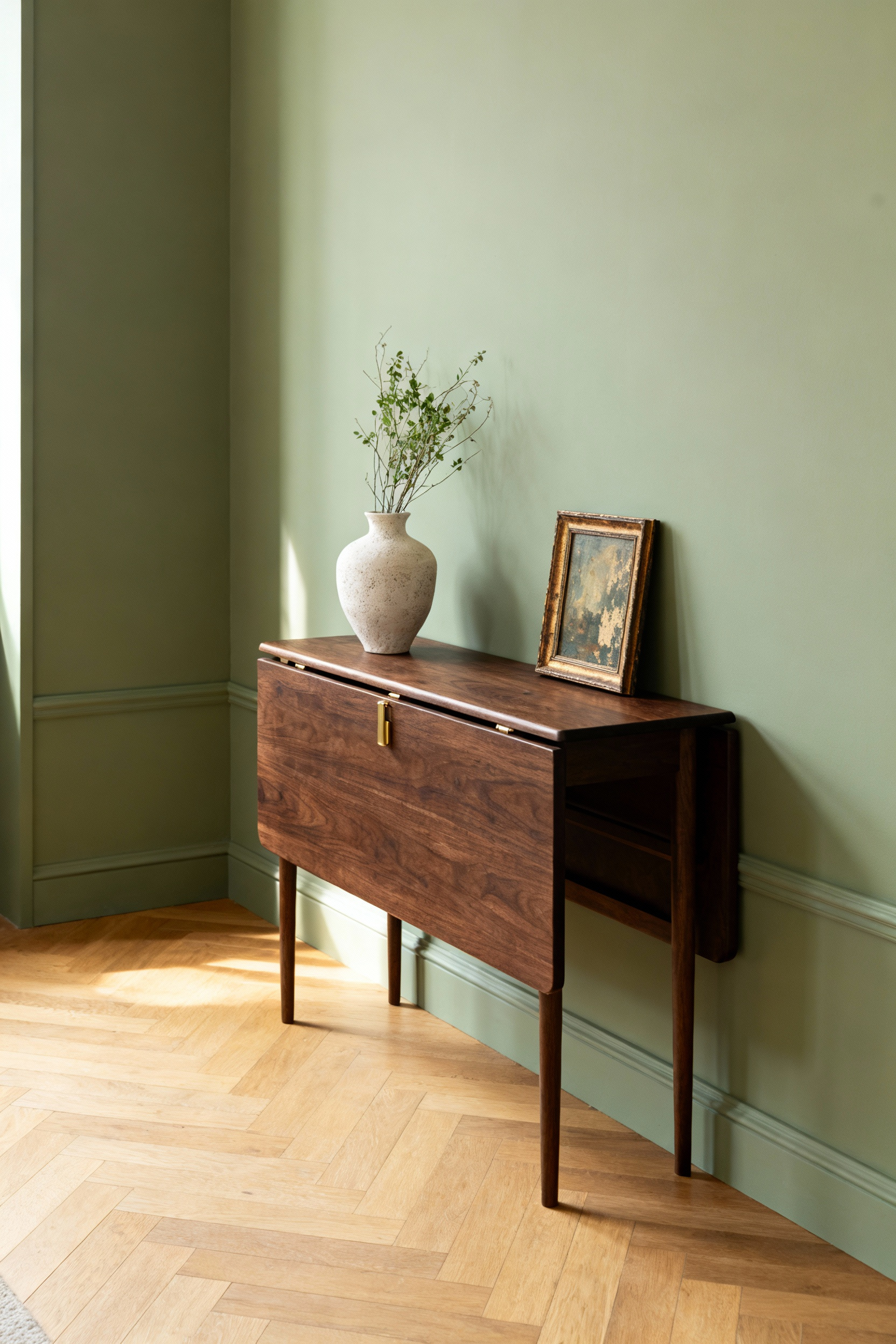 A closed dark walnut drop-leaf console table acting as a narrow hallway accent piece, topped with a decorative vase and framed vintage artwork.