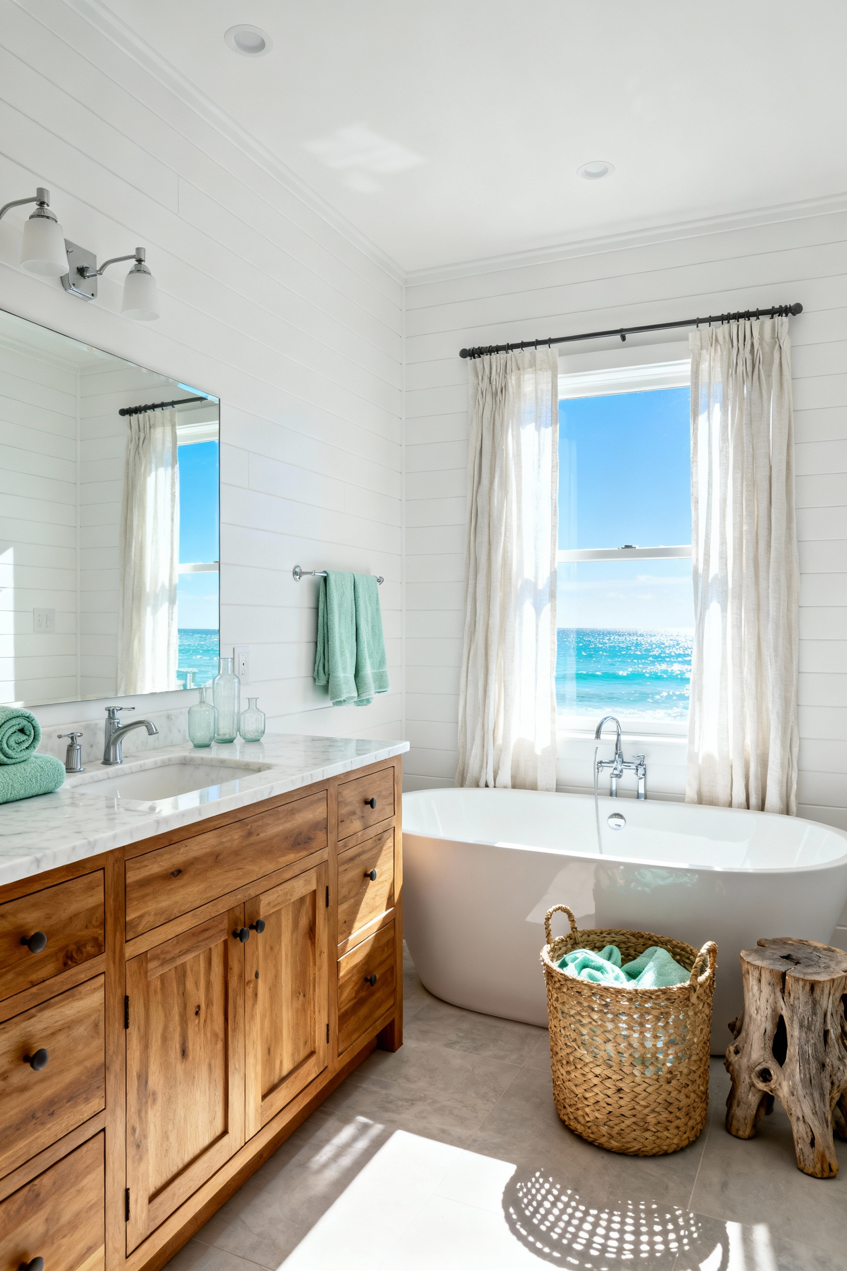 Bright coastal bathroom interior illuminated by high-intensity 6500K cool white circadian lighting, highlighting crisp whites and seafoam green accents for morning alertness.