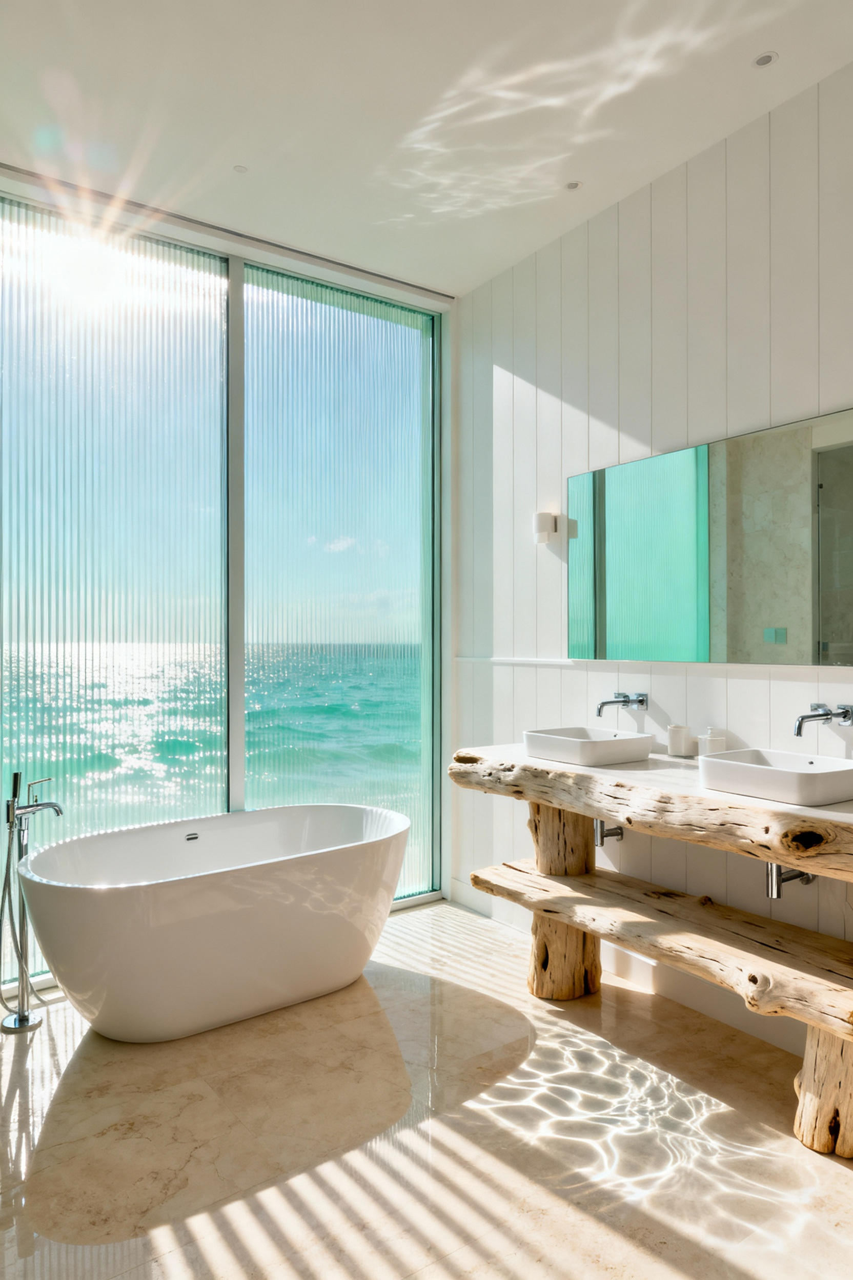 Detailed view of a coastal bathroom renovation featuring heavy fluted privacy glass that diffuses bright sunlight, casting rippling light patterns onto the floor.