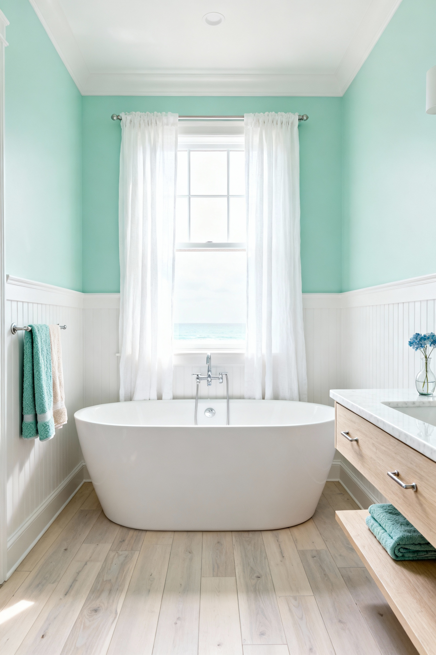 Serene coastal bathroom renovation featuring a freestanding tub, seafoam green walls, and abundant natural light, illustrating the restorative Blue-Space Effect.