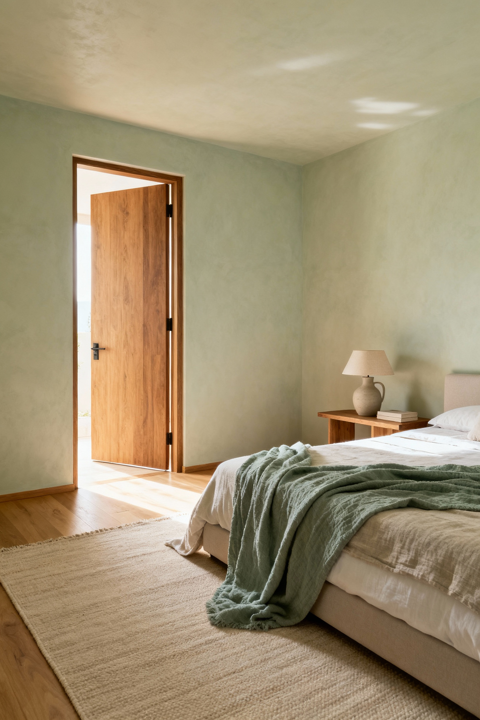 A tranquil, modern bedroom interior displaying a king-sized bed placed diagonally in the 'Command Position' to offer a clear view of the entrance door, promoting subconscious security and restful sleep.