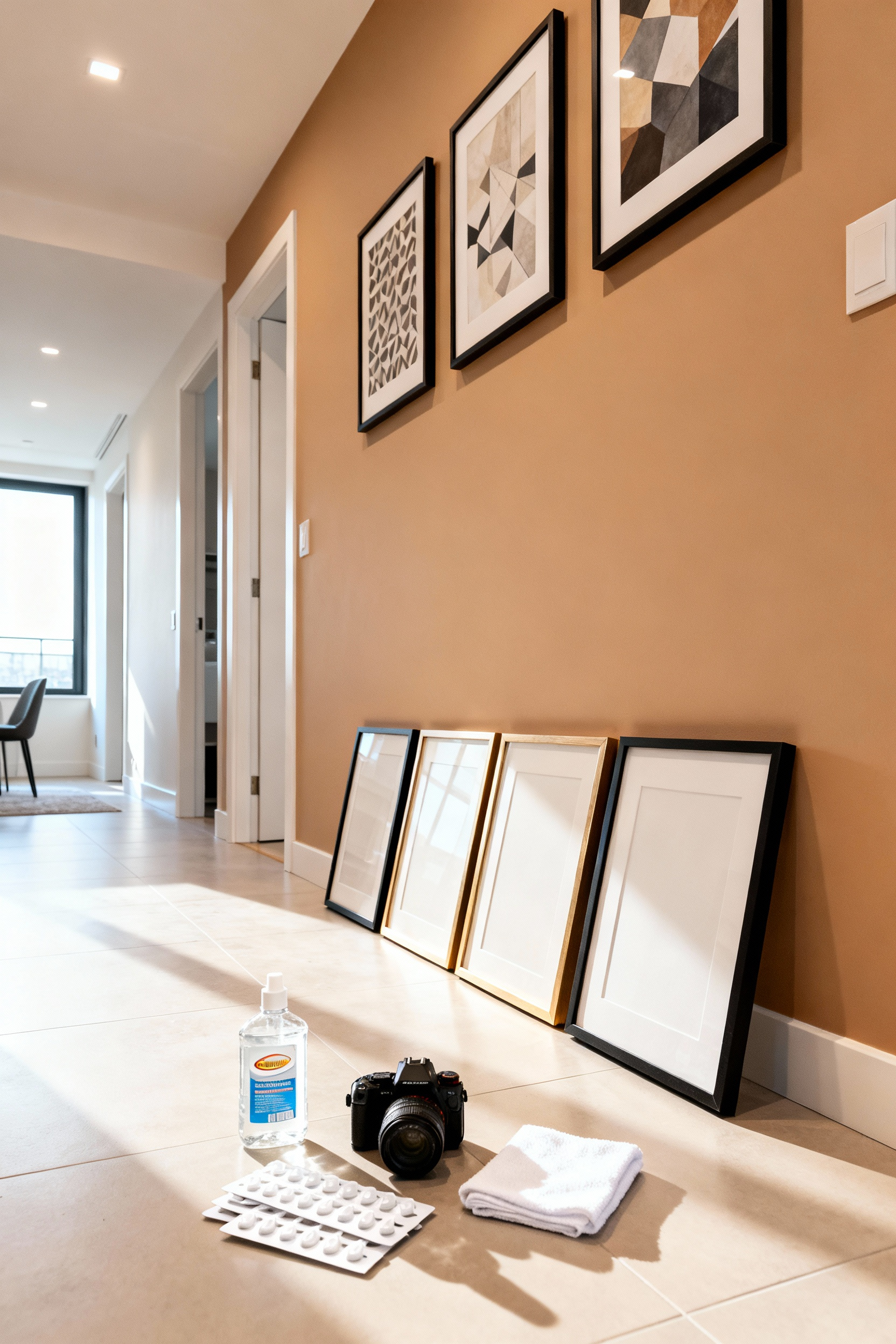 A modern apartment gallery wall installation showing picture frames, rubbing alcohol, and Command strips used for damage-free mounting on a light gray wall.