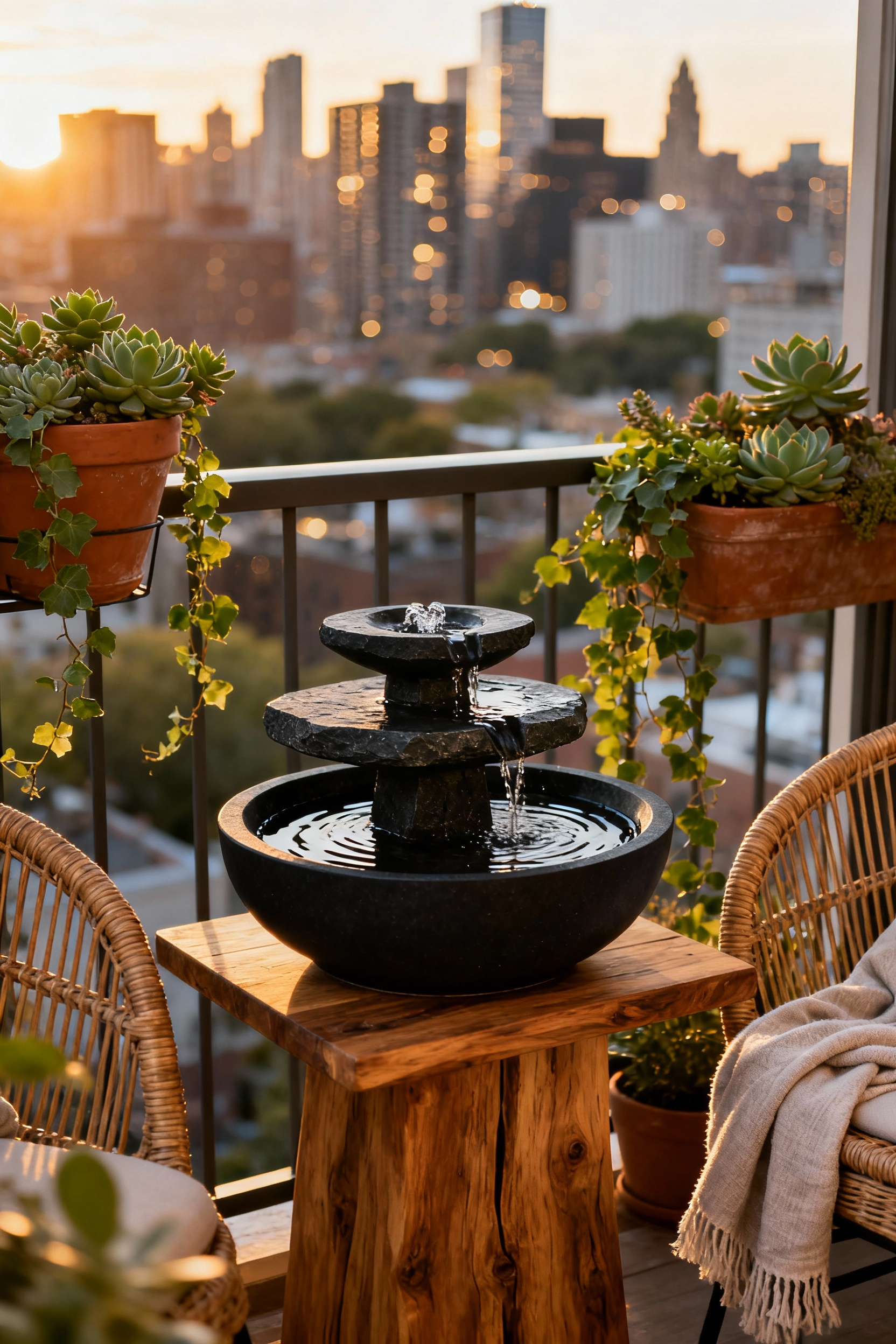 A compact slate water feature bubbling gently on a small urban balcony decorated with rattan furniture and potted plants, serving as a functional noise mask against the heavily blurred city background.