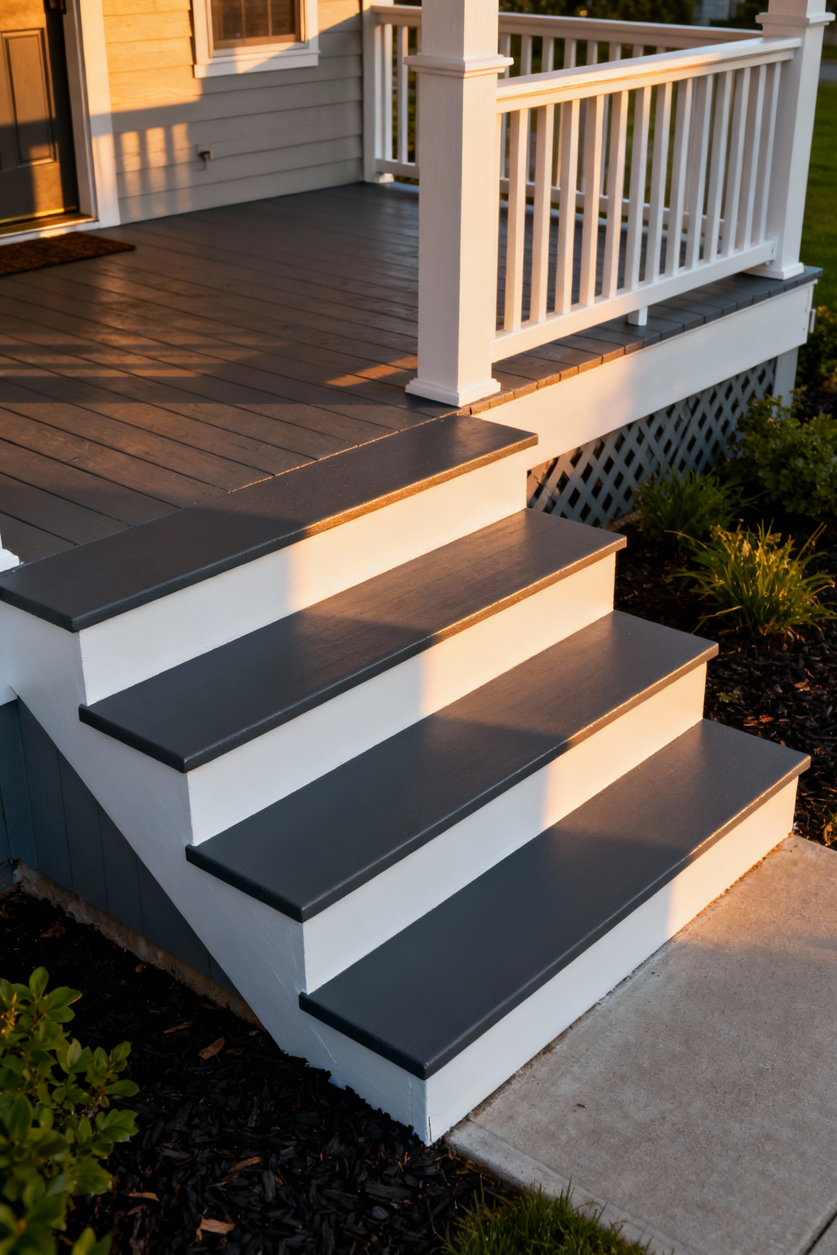 Outdoor wooden porch stairs painted with a high-contrast pattern of deep charcoal treads and brilliant white risers, designed to maximize visibility and safety by defining the edge of each step.