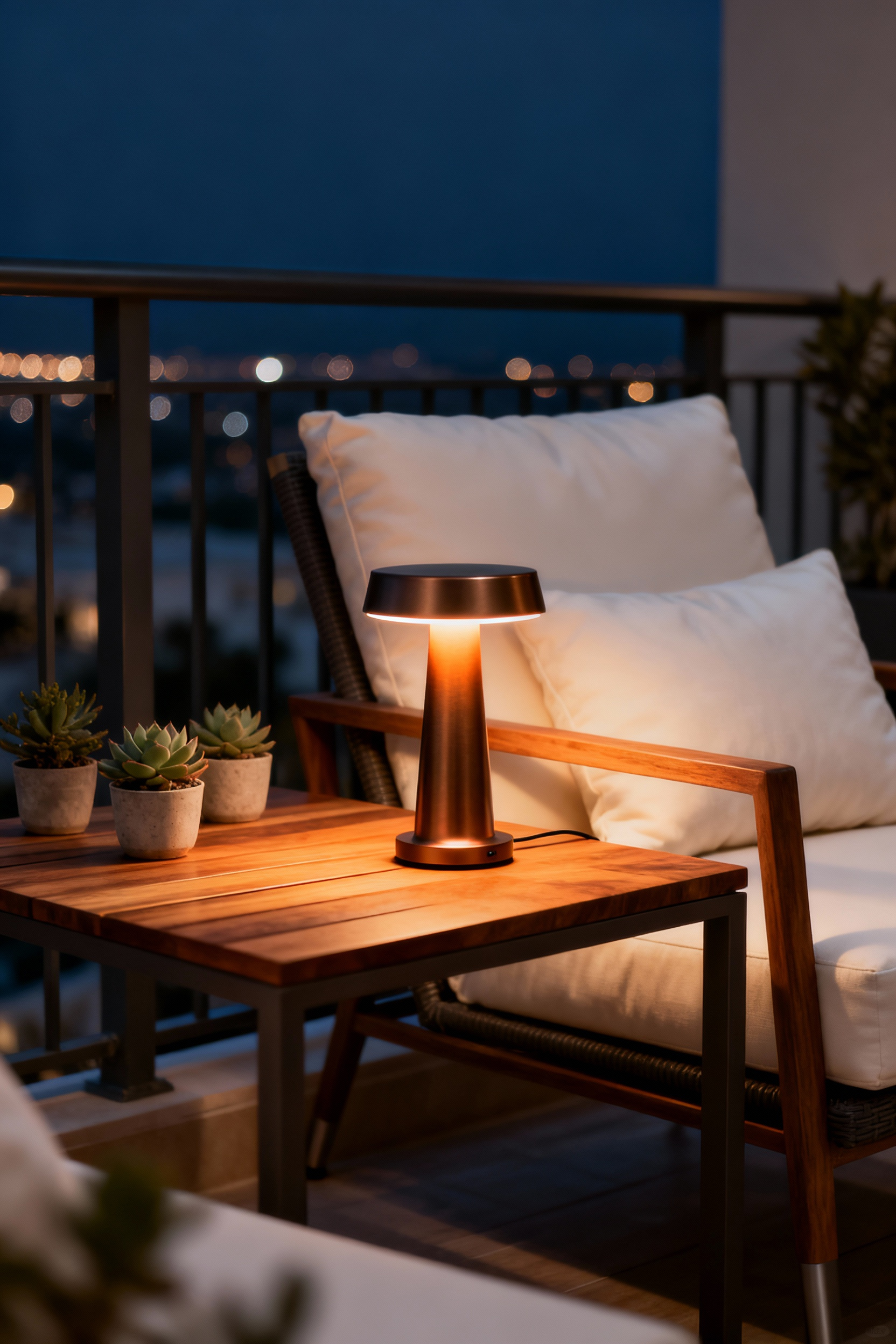 A stylish, cord-free rechargeable LED table lamp glowing warmly on a chic urban balcony side table at twilight, demonstrating a clean, high-end terrace aesthetic.