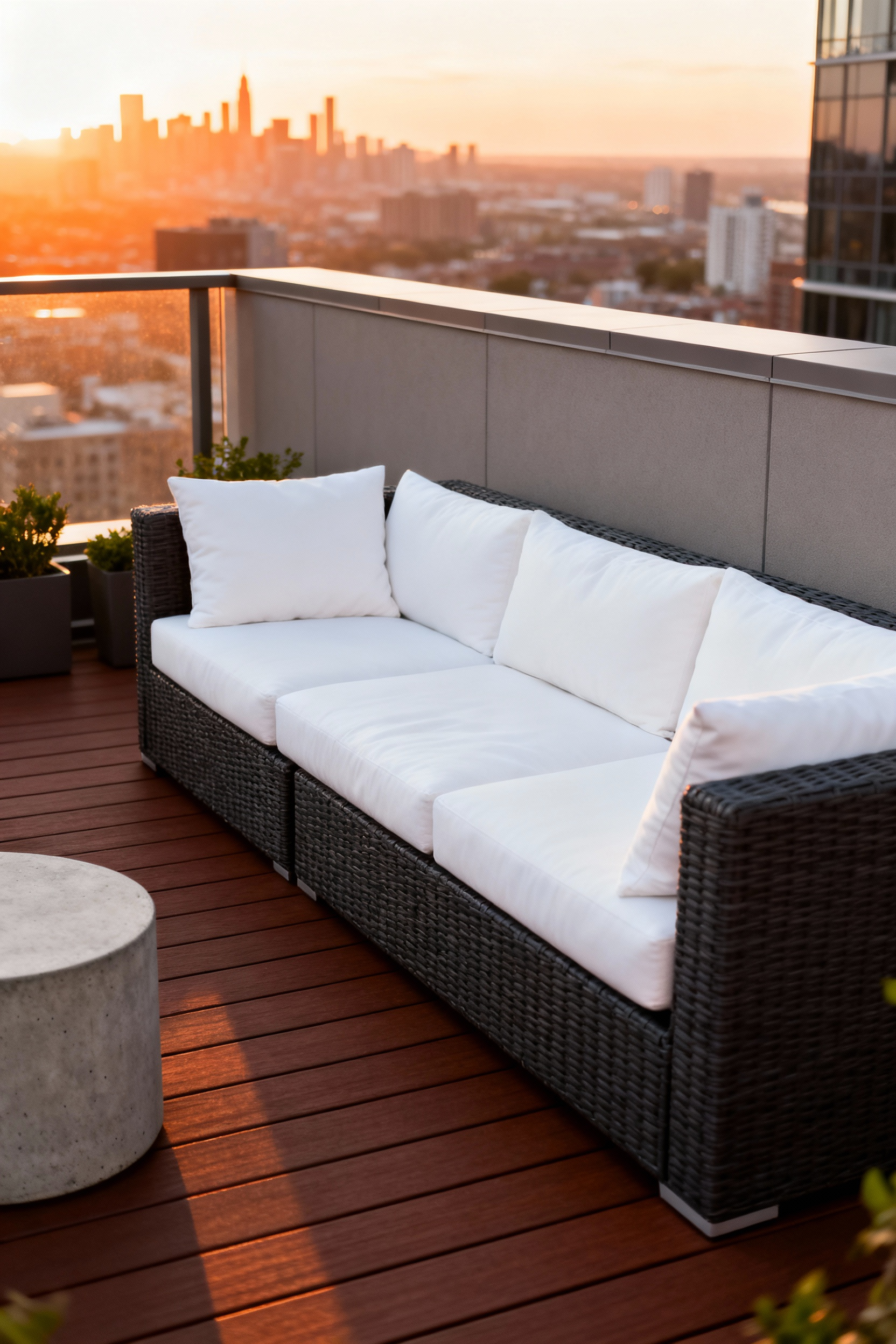 A large dark corner sectional sofa placed securely against the perimeter wall of a high-rise balcony during golden hour, emphasizing secure outdoor seating and spectacular city views.