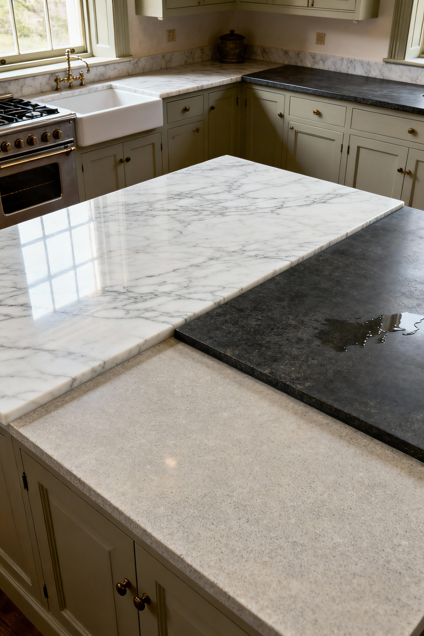 Various historic kitchen countertop surfaces including veined marble, honed soapstone, and engineered quartz, in a professional kitchen setting with natural light.
