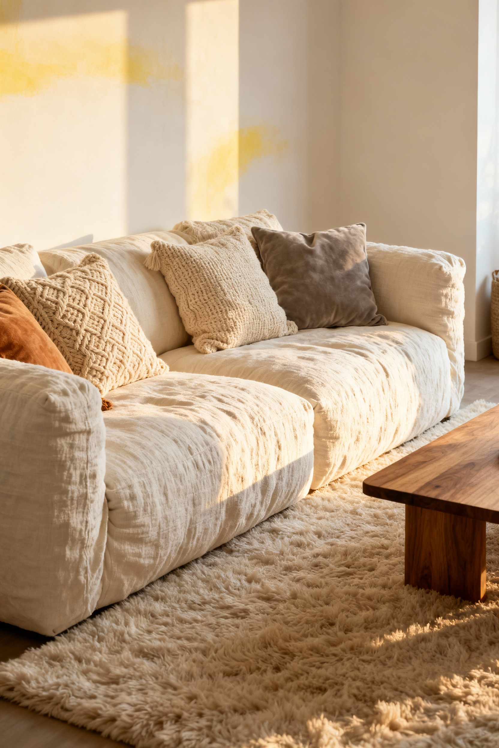 A cozy living room featuring creamy neutral and ivory tones, highlighting layered textures in the sofa and rug to create a warm, inviting atmosphere.