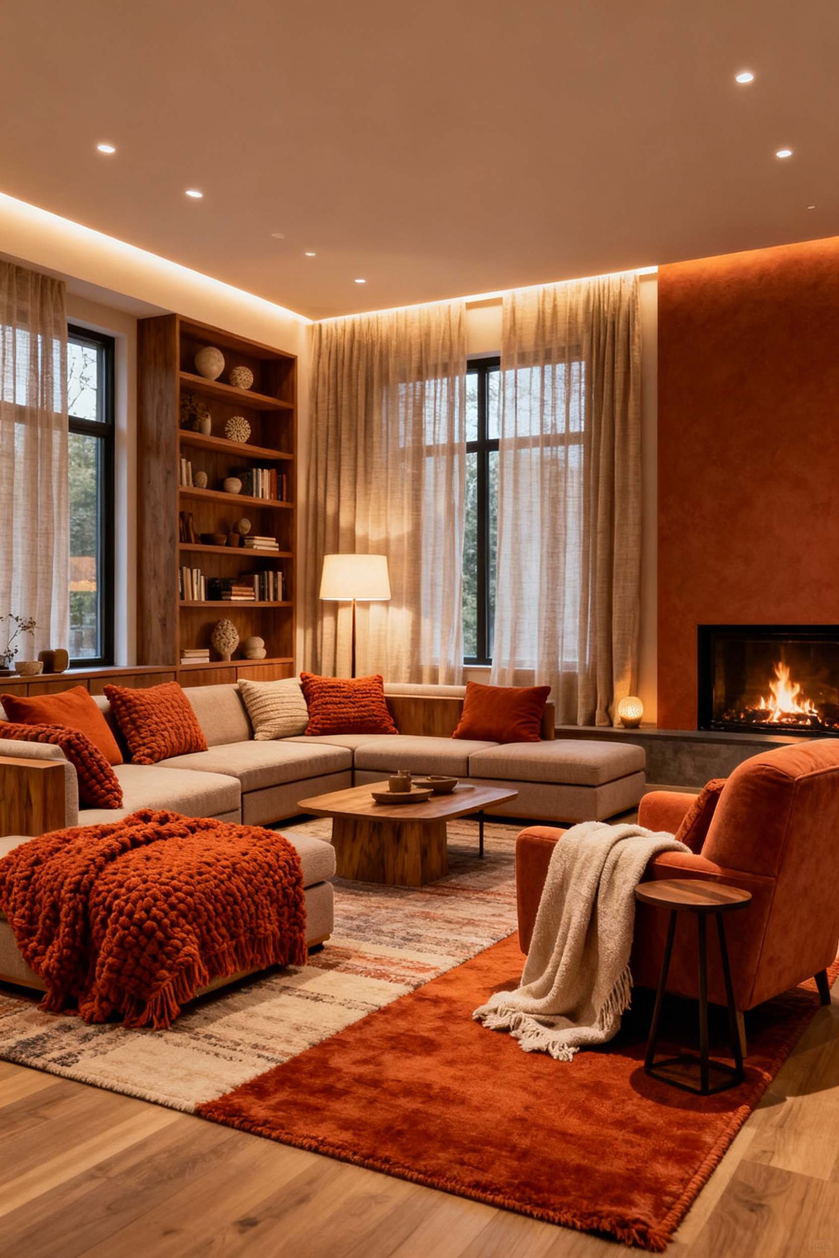 A warm and inviting cozy living room designed for social serenity, featuring flexible modular seating, an inviting armchair with a throw, layered textiles, soft dimmable lighting, natural wood tones, and an earthy color palette, creating a perfect balance for both intimate gatherings and solitary retreats. No people.