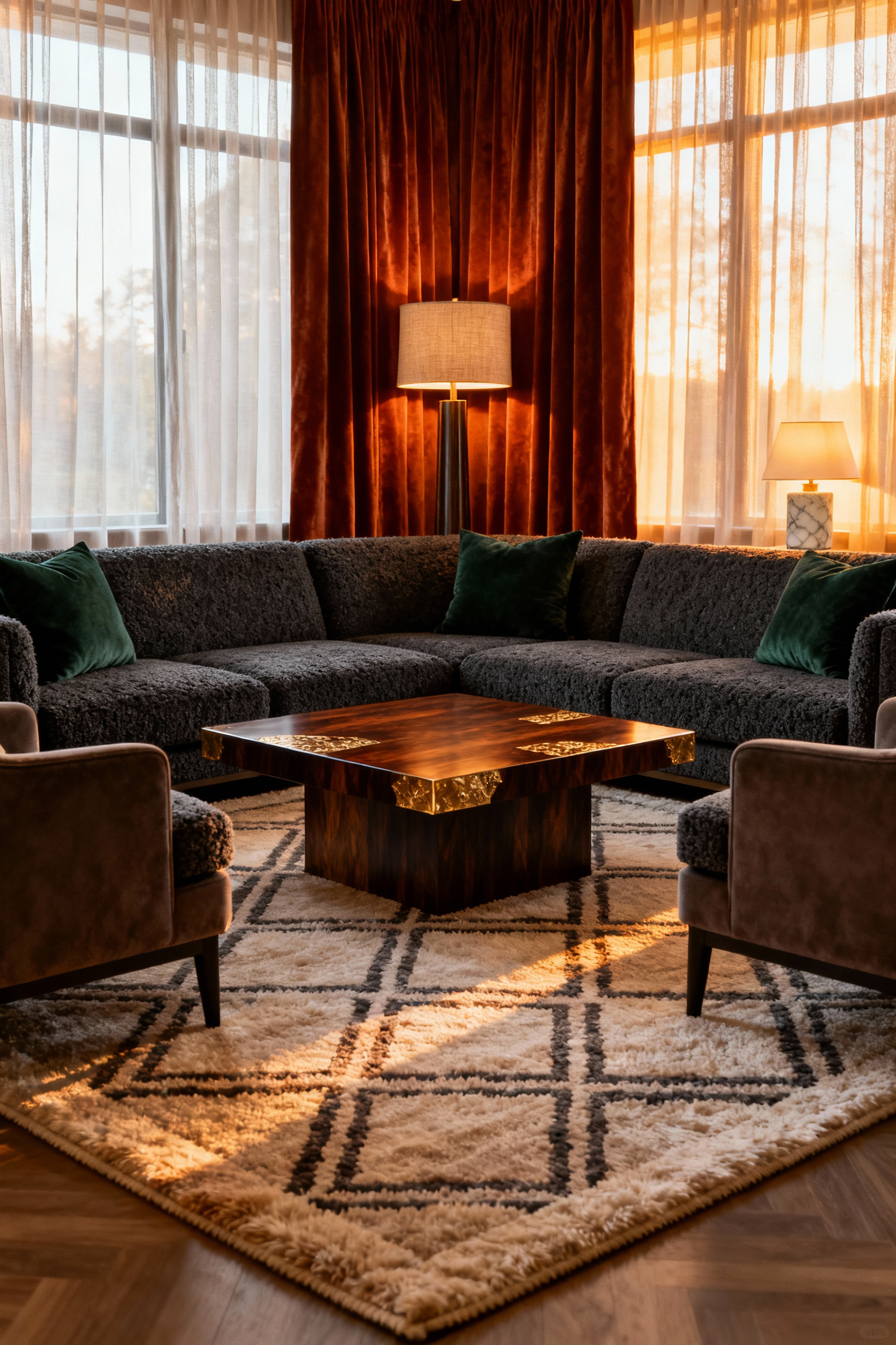 A cozy living room featuring a large, inviting sectional sofa and substantial coffee table, demonstrating masterful furniture scale and proportion for enveloping warmth.