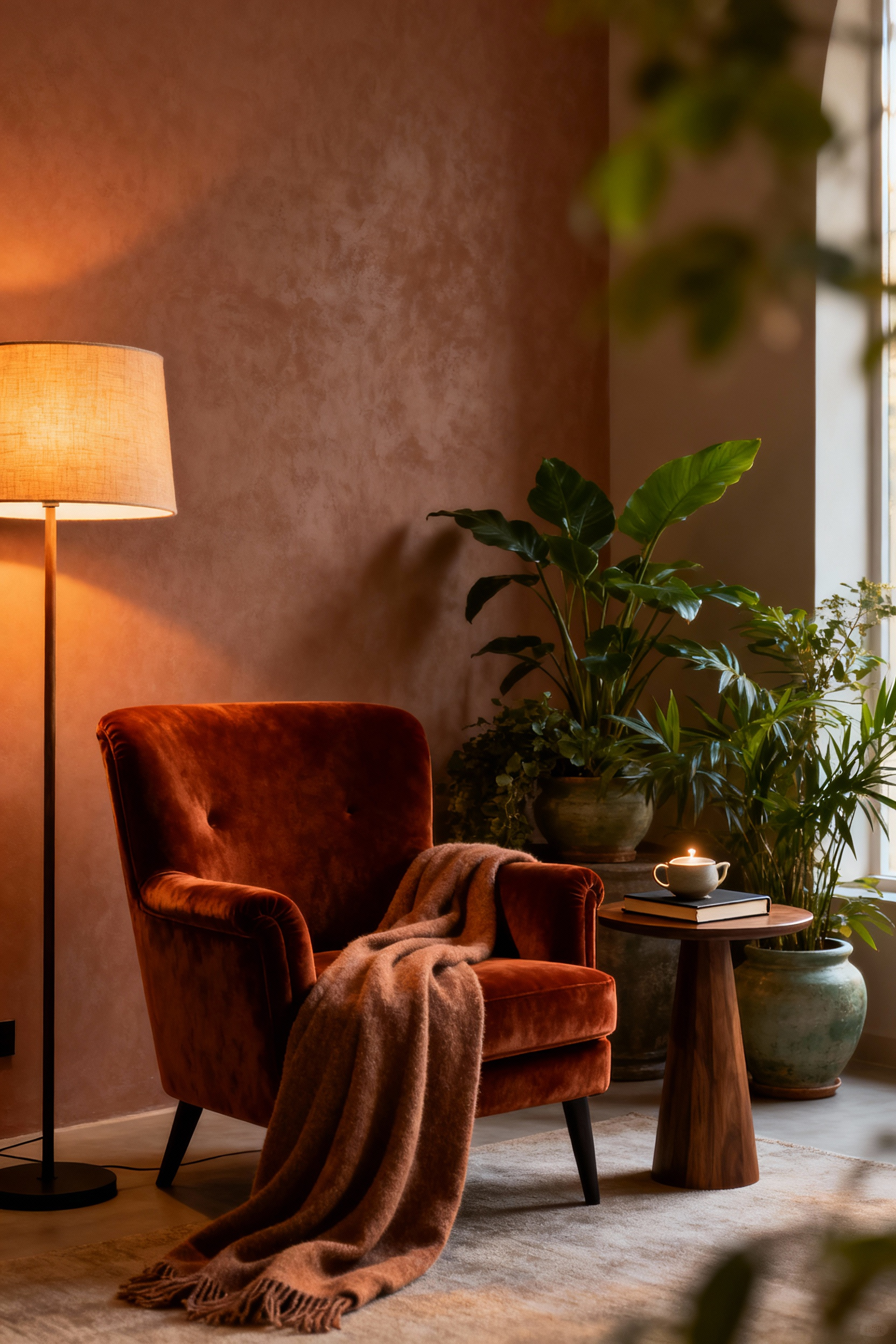 Cozy living room nook with soft lighting and textiles, designed for personal rituals and daily practices, a warm haven.