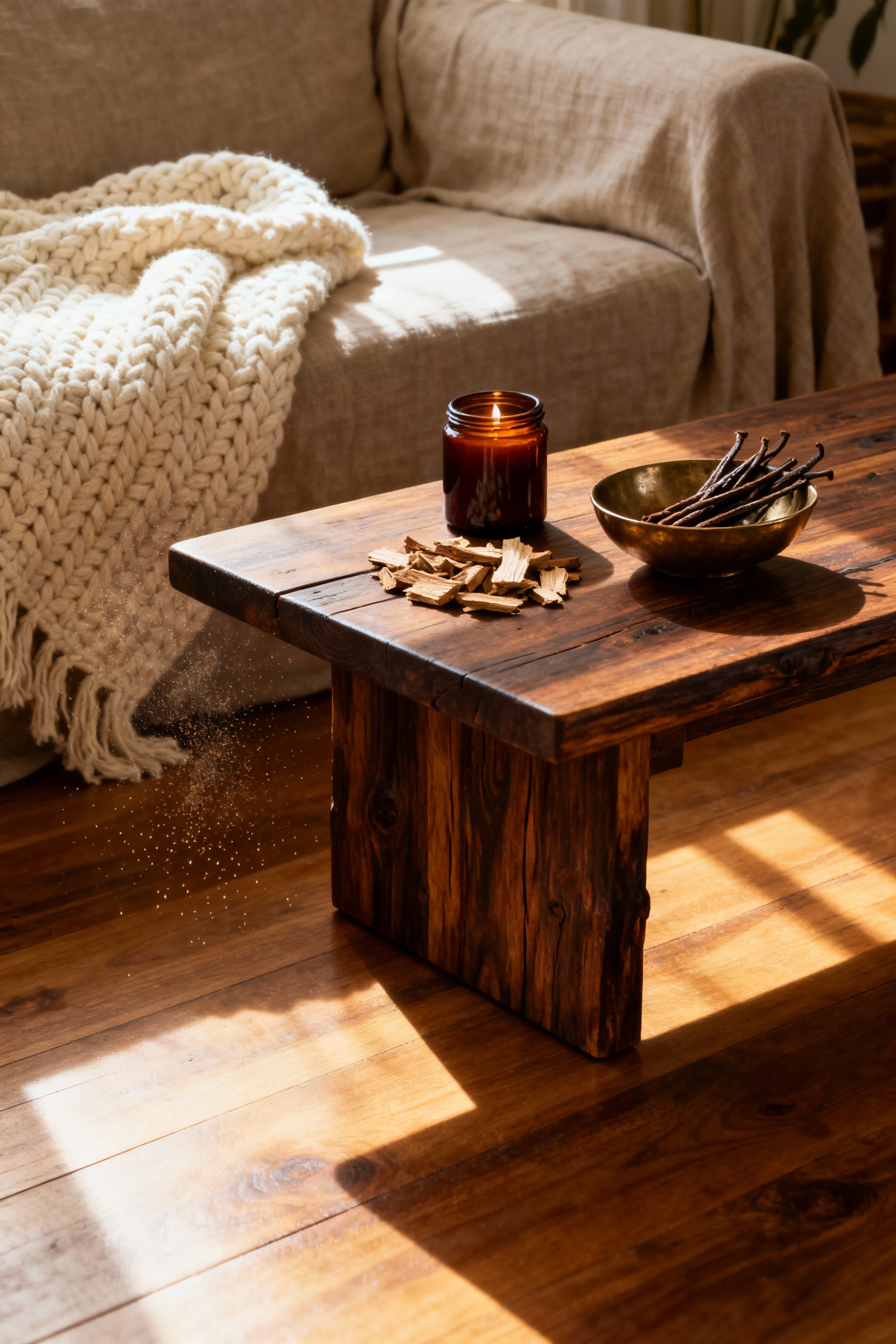 A warmly lit, inviting living room featuring a plush linen sofa, a heavy knit blanket, and a dark cedarwood coffee table displaying amber jar candles, sandalwood chips, and vanilla pods, symbolizing cozy scentscaping.
