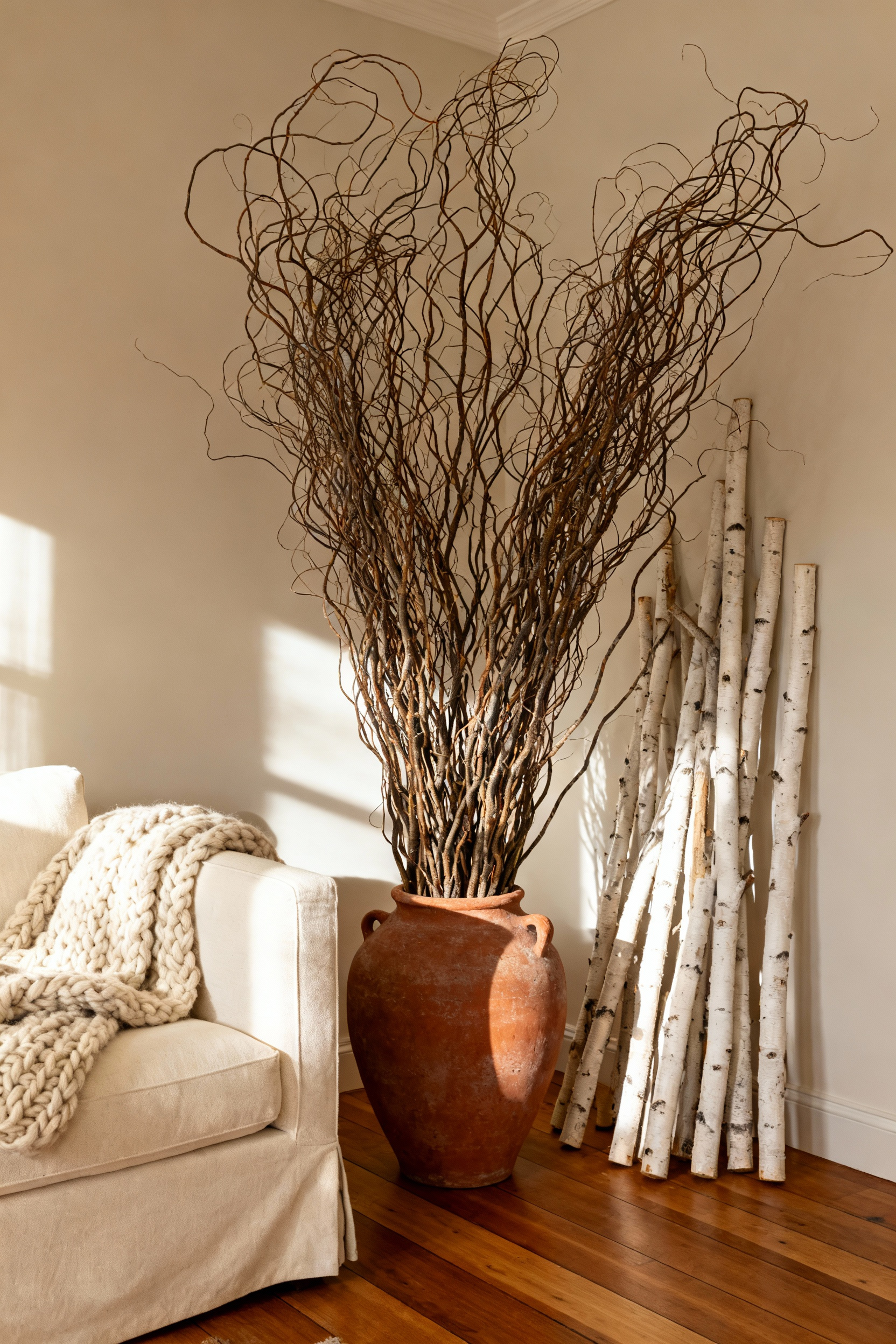 Cozy living room focal point featuring tall sculptural curly willow branches in a large stoneware floor vase, emphasizing raw, natural textures.
