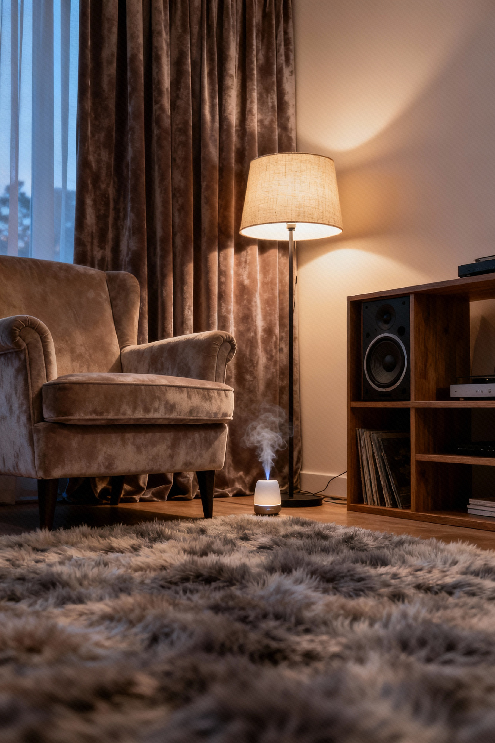 A serene and cozy living room, expertly designed for sonic tranquility with plush textiles, soft ambient lighting, and warm wood tones, evoking enveloping warmth and quiet relaxation.