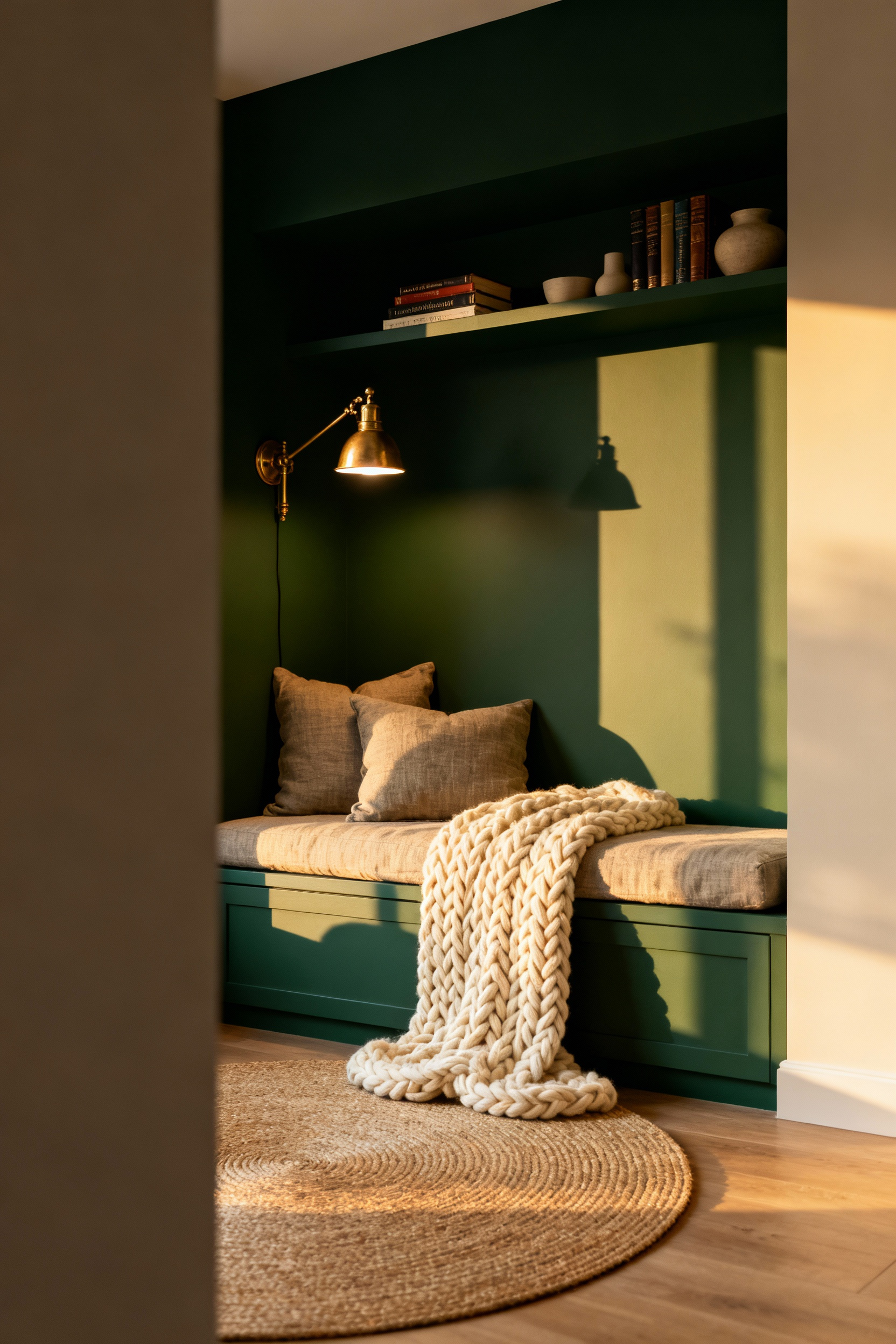 A built-in reading nook sanctuary carved out of a living room corner, featuring a cushioned bench, deep green paint defining the zone, and a warm woven area rug.