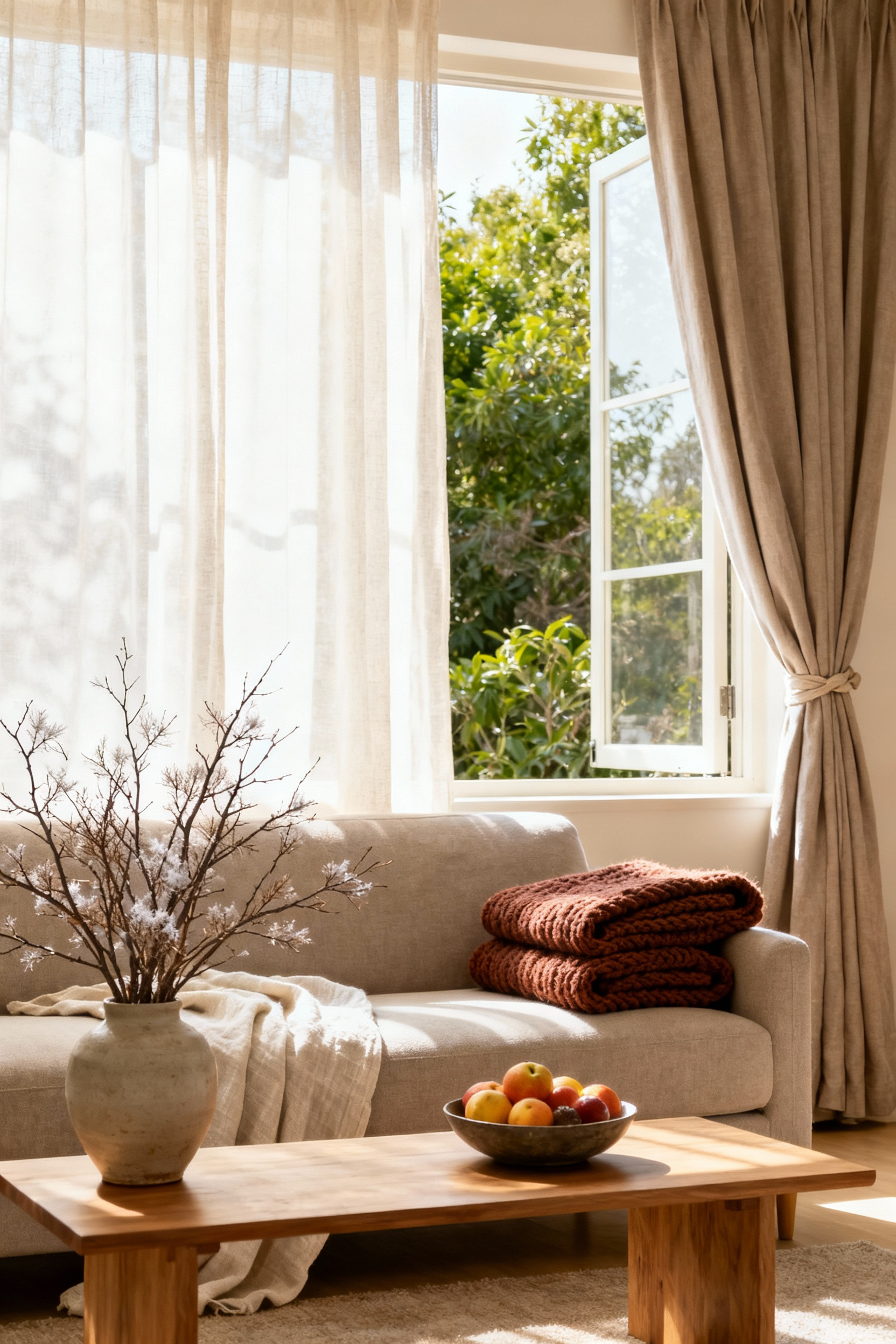 Cozy living room adaptable for all seasons, featuring a neutral sofa with layered textiles, a window with sheer and heavy curtains, and mixed seasonal decor for embracing seasonal sensorial shifts.