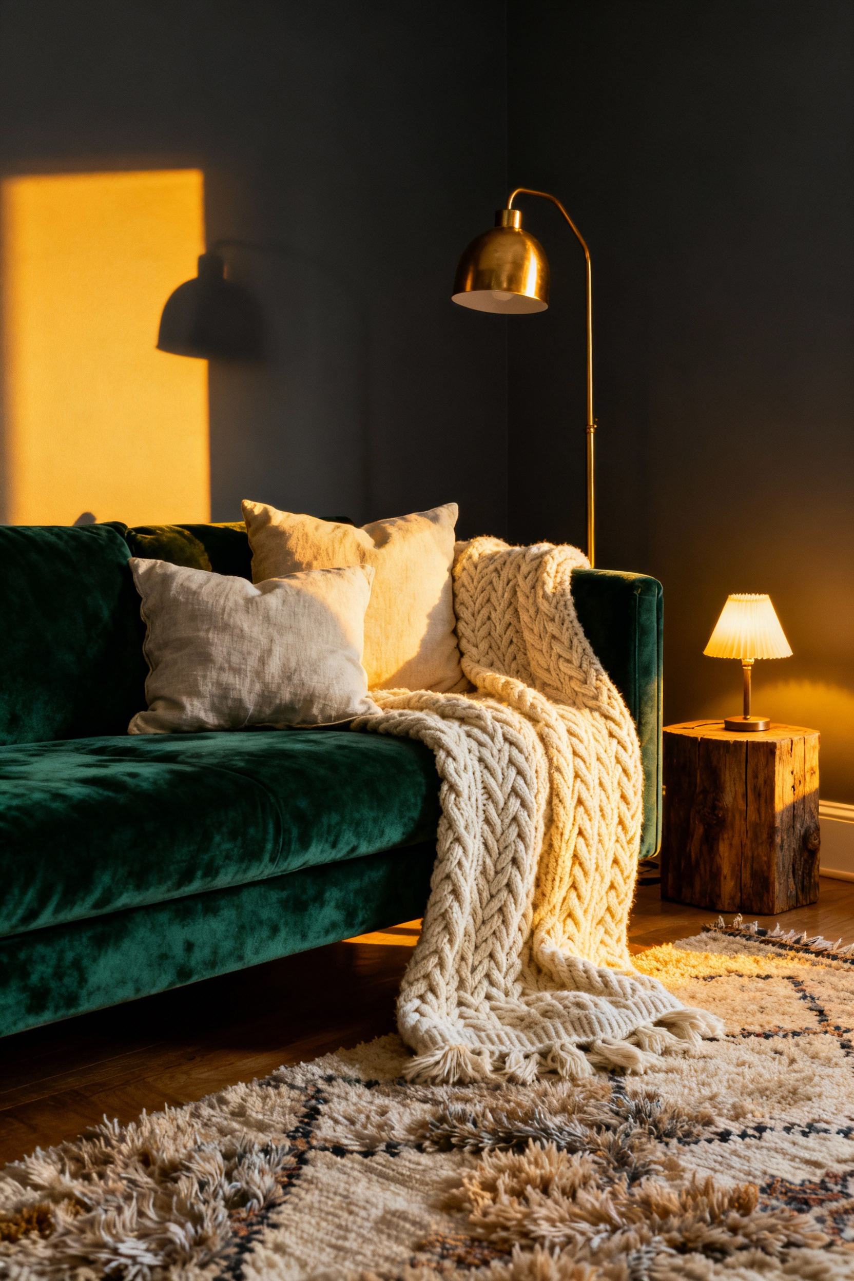 A cozy living room bathed in 2700K soft white light, featuring a green velvet sofa and soft, golden-yellow shadows for a relaxing ambiance.