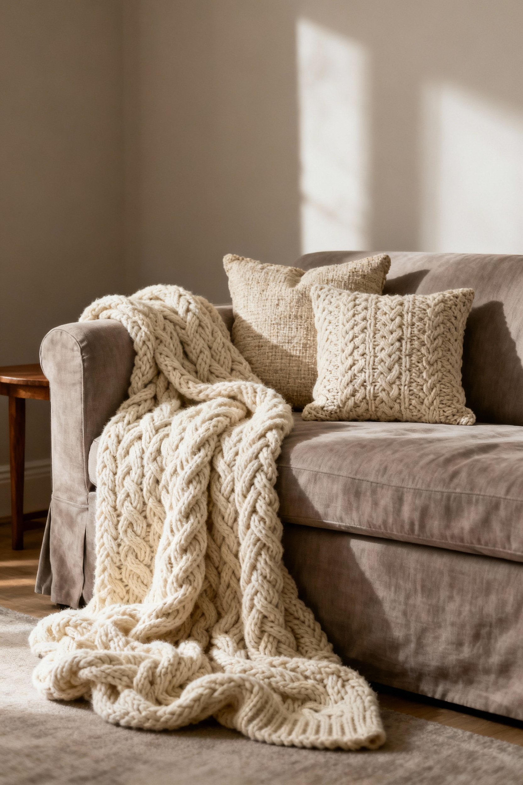 Chunky cream knit throw loosely draped over the corner of a greige linen sofa in a naturally lit, cozy living room, demonstrating casual elegance.