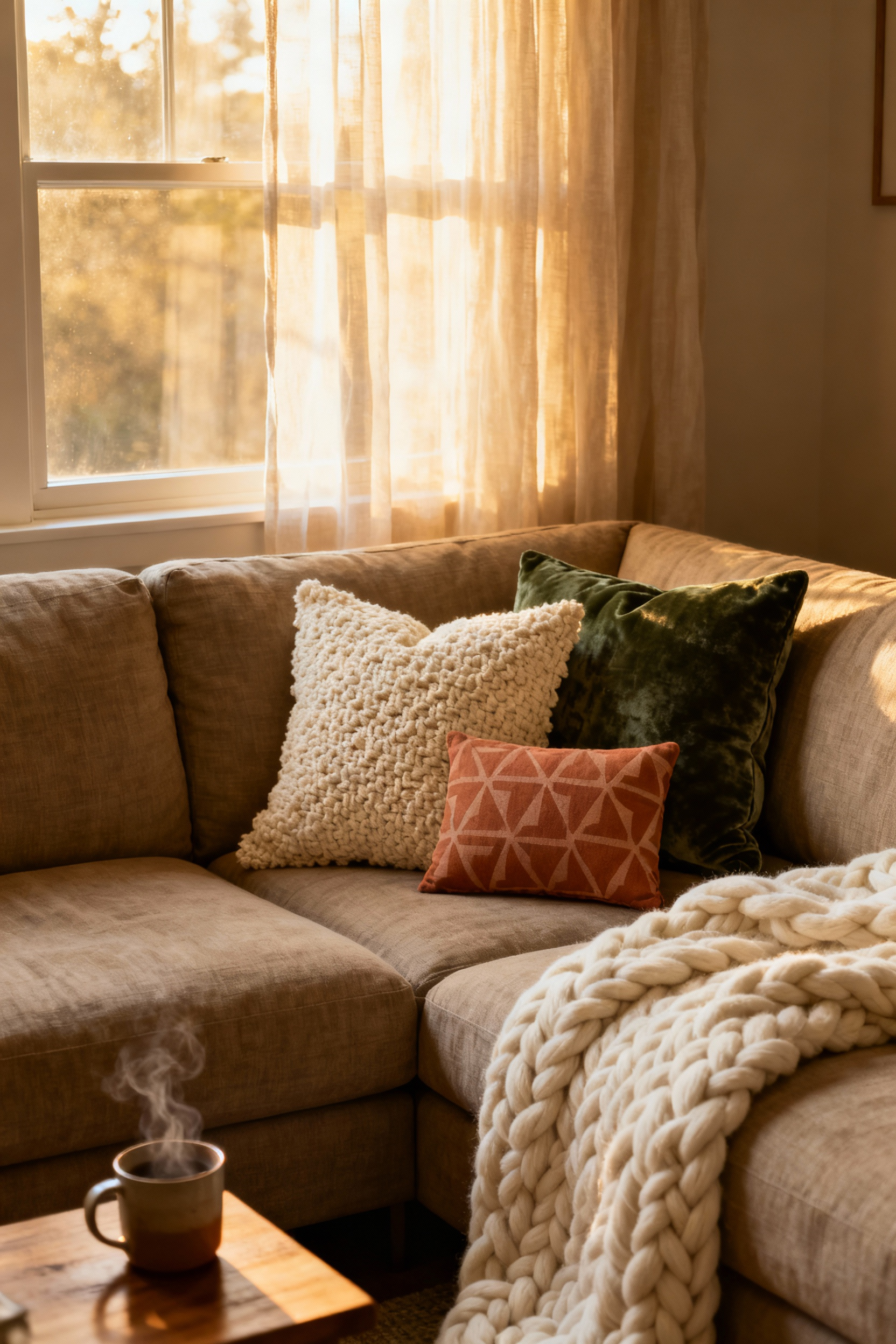A cozy oatmeal linen sectional sofa demonstrating the Rule of Three with an asymmetrical arrangement of three contrasting textured throw pillows in cream, green, and rust tones.