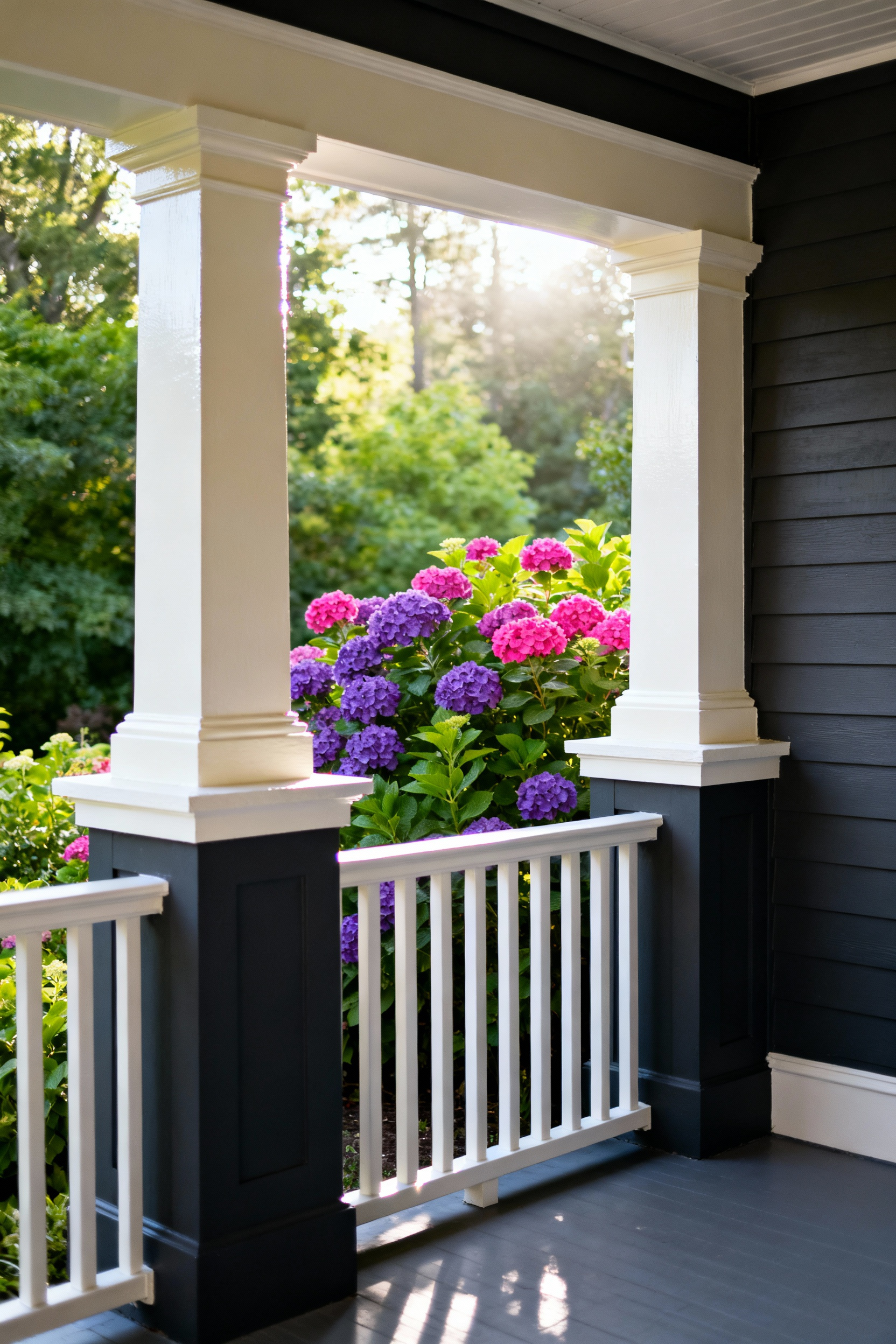 Crisp linen white porch railing and columns sharply framing a vibrant, lush garden, set against a deep charcoal house facade to maximize contrast.
