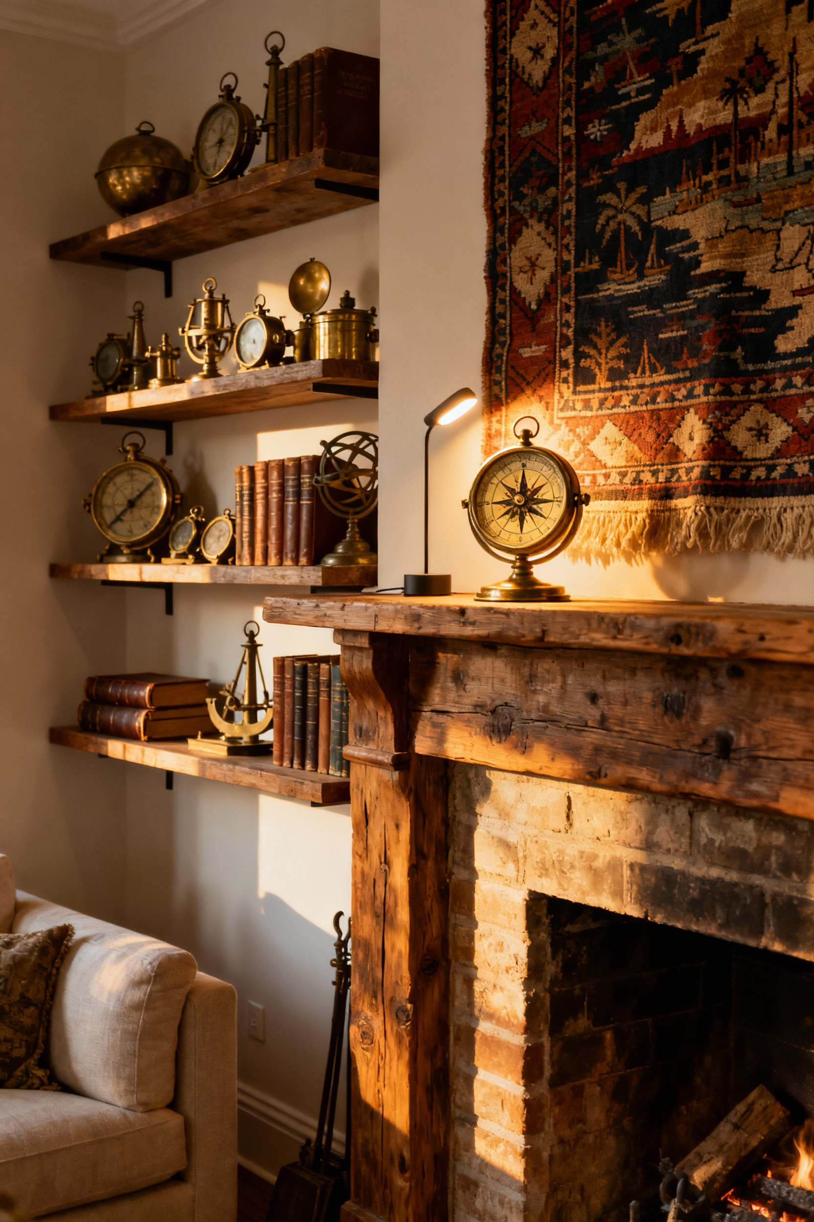 A meticulously arranged collection of vintage brass instruments, old books, and a unique textile on a rustic wooden mantelpiece and shelves in a warm, cozy living room, illuminated by soft golden light.