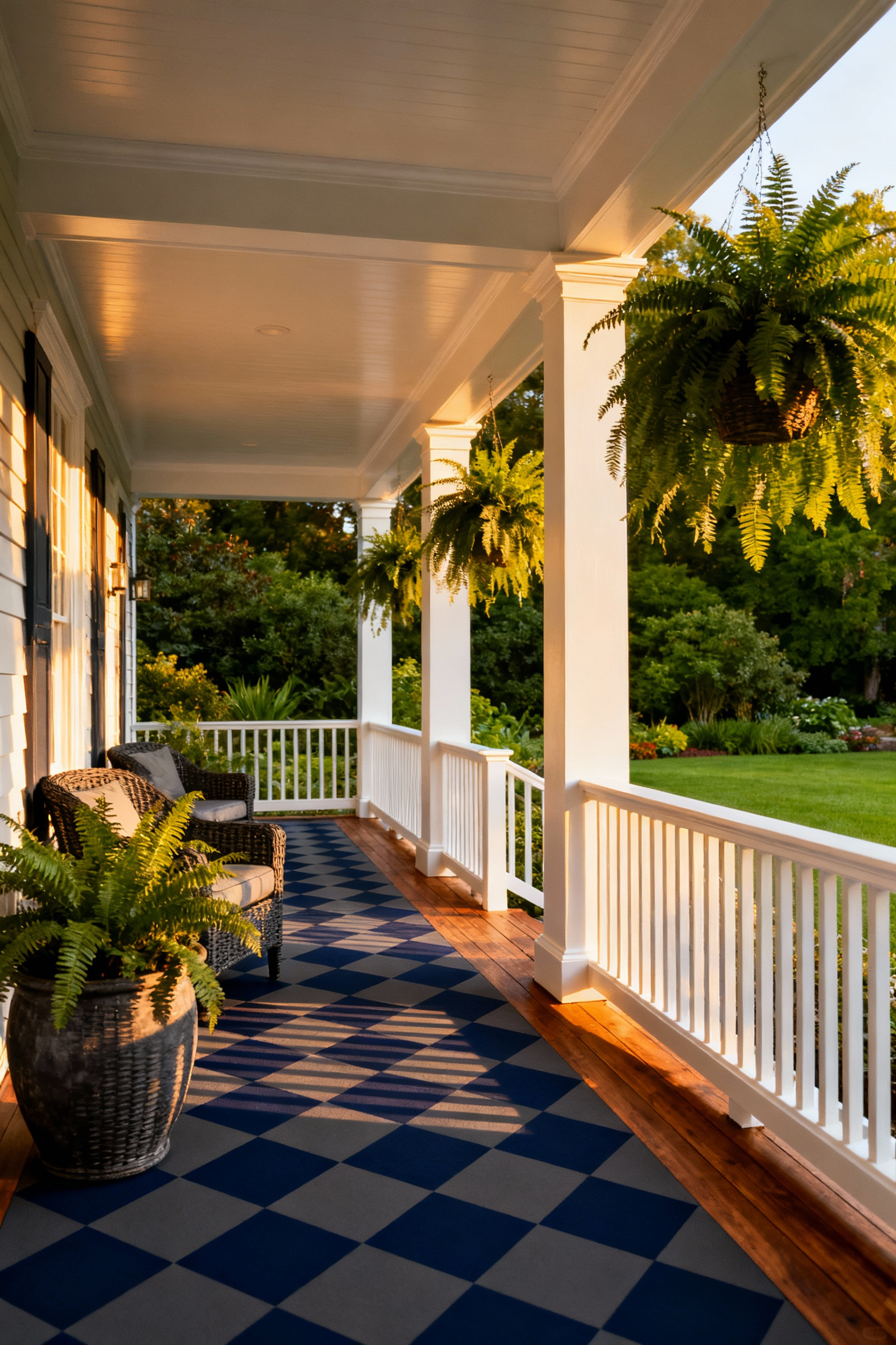 A covered porch with a floor painted in a high-contrast charcoal gray and navy blue checkerboard pattern, anchoring dark outdoor furniture.