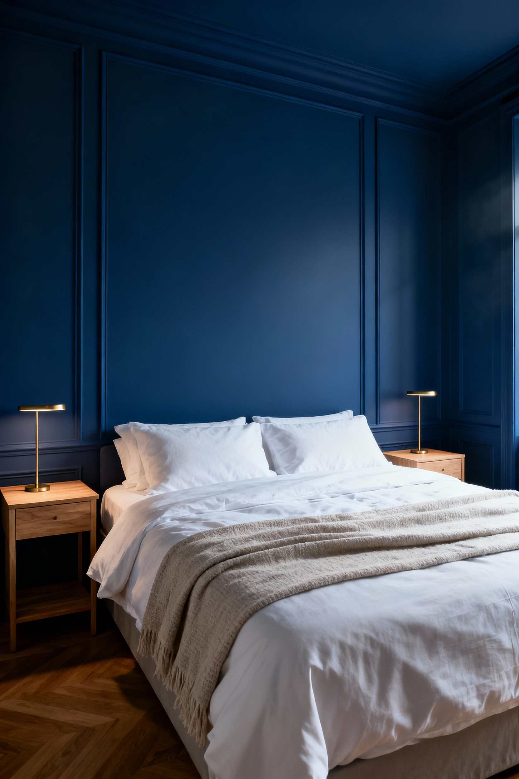 A deeply calming, modern bedroom featuring indigo blue paneled walls and crisp white bedding, emphasizing the psychological effect of low-luminance blue pigment.