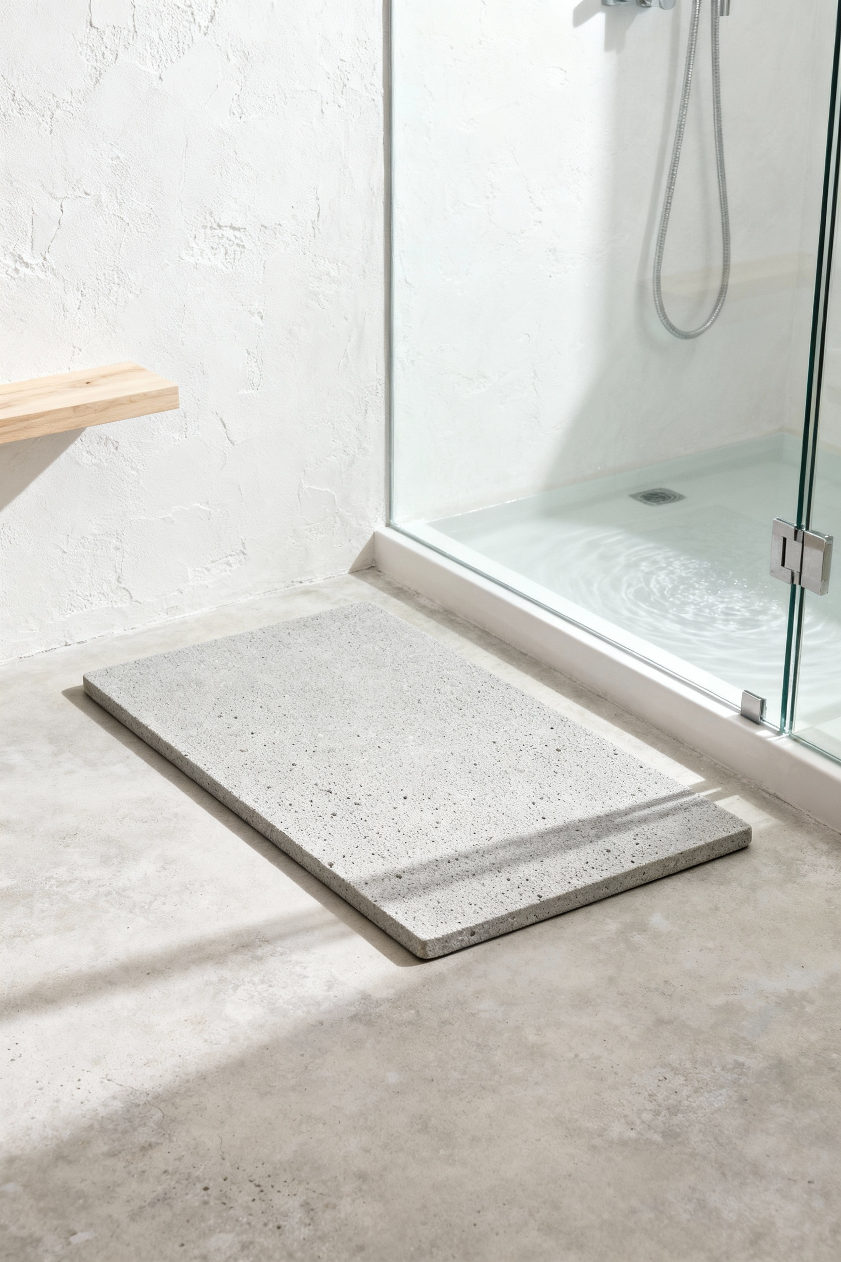 Seamless photo showing a rigid, pale gray diatomaceous earth (DE) bath mat placed on a concrete floor next to a glass walk-in shower, illustrating instant-dry bathroom accessories ideas.