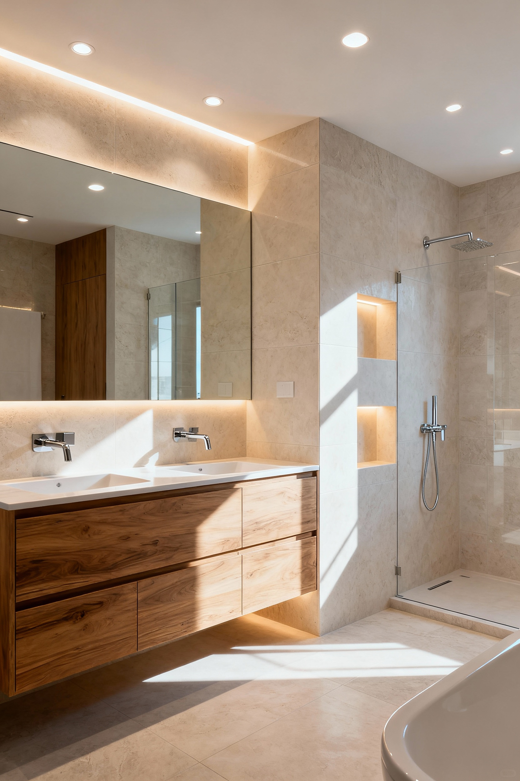 A modern bathroom showcasing elegant dimmable and layered lighting, with soft ambient light, bright vanity task lighting, and subtle accent lights, creating a luxurious and serene atmosphere.