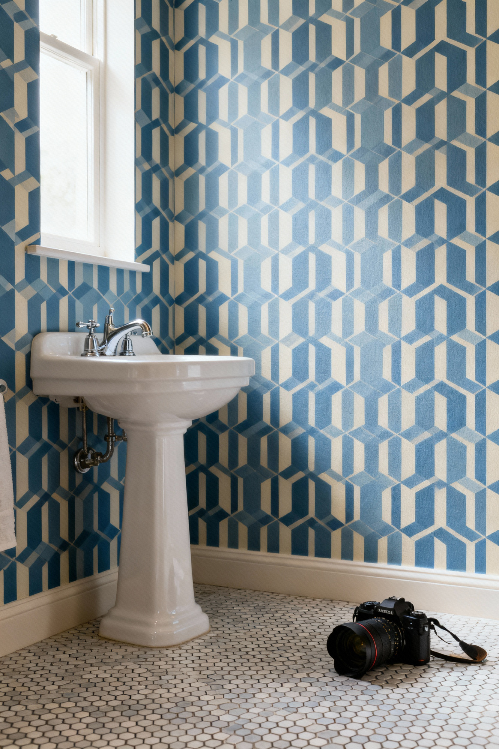 A modern bathroom decorated with durable, high-humidity resistant sapphire blue geometric vinyl wallpaper, featuring a white pedestal sink and clean chrome fixtures under soft natural lighting.