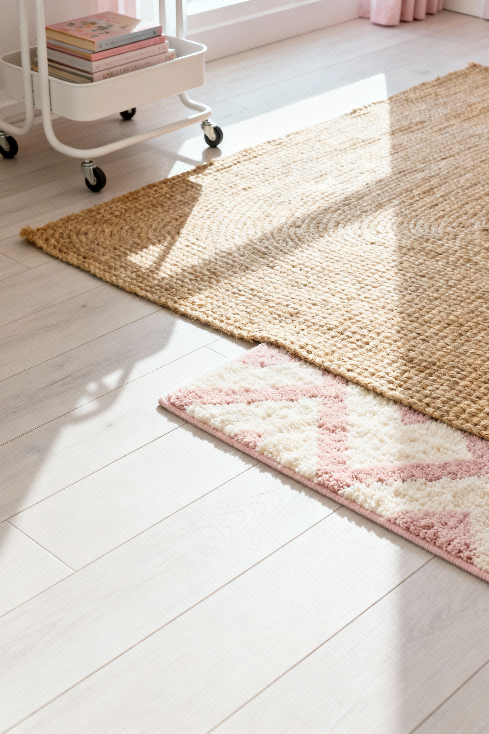 Wide plank blonde wood flooring in a girl's bedroom anchored by layered rugs—a large natural jute rug underneath a smaller blush pink and cream patterned wool rug.