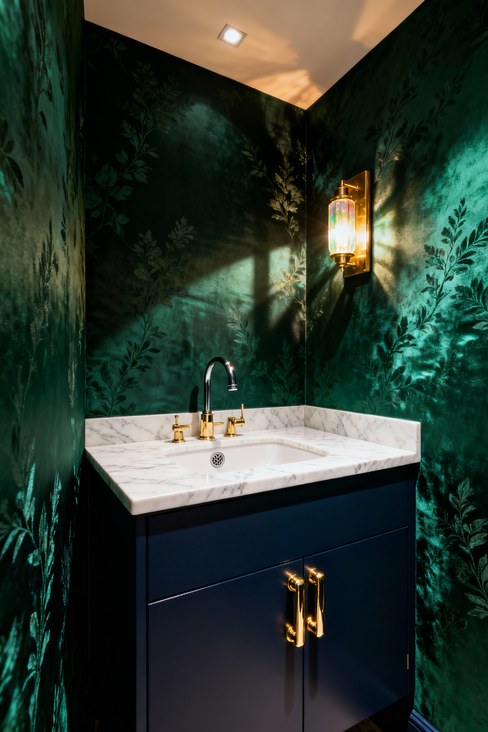 A sophisticated powder room featuring deep emerald green textured wallpaper and a navy blue vanity accented with brilliant polished brass hardware.