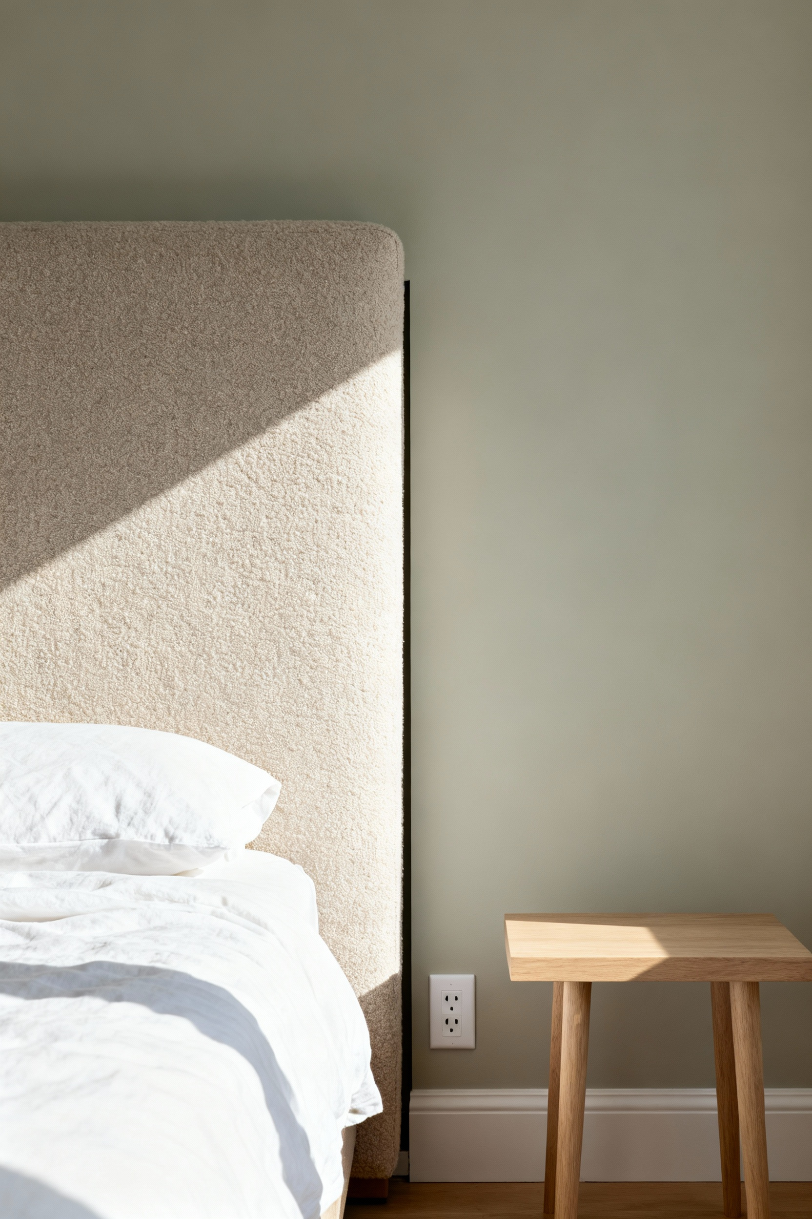 A minimalist bedroom layout showing a cream upholstered headboard pulled 8 inches away from the wall, highlighting the safe furniture distance from electrical outlets to reduce magnetic field exposure.
