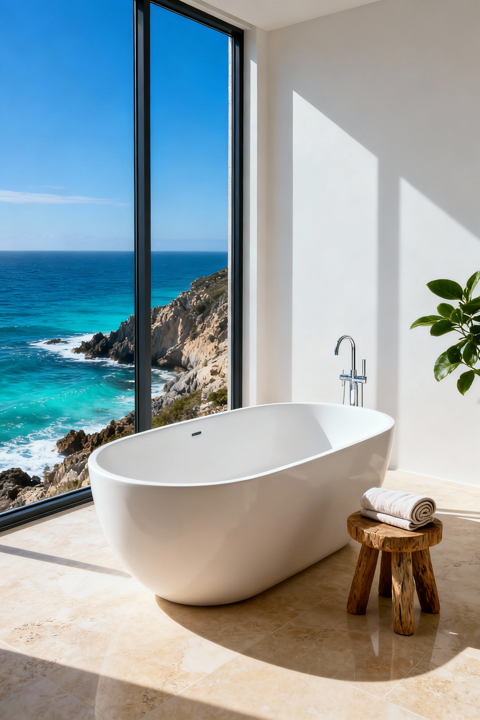 A minimalist coastal bathroom with a large freestanding soaking tub perfectly oriented to maximize the view of the ocean and rugged coastline through a floor-to-ceiling window.