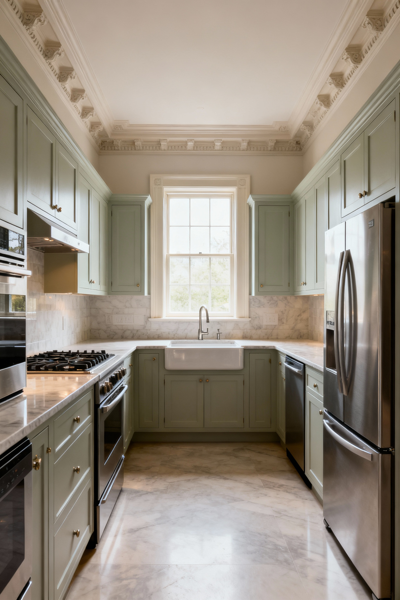 A renovated historic kitchen interior featuring an L-shaped ergonomic work triangle defined by a period-style sink, cooktop, and integrated refrigerator. The design emphasizes optimal flow and efficiency within an existing structural grid, bathed in natural light.
