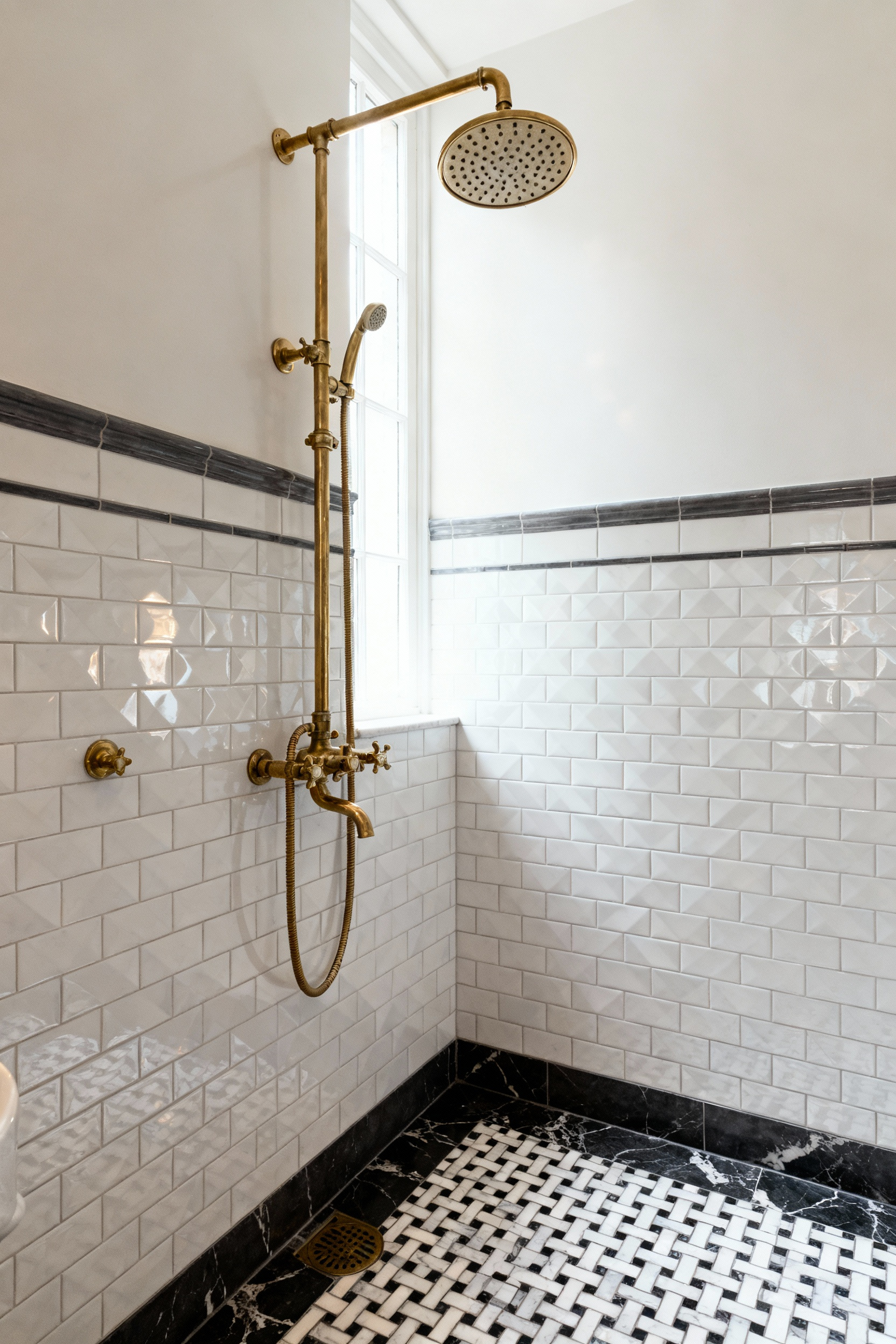 Full interior view of a luxurious vintage bathroom showcasing an exposed polished brass rigid shower riser against white subway tile, celebrating the mechanics of water delivery as a central design feature.