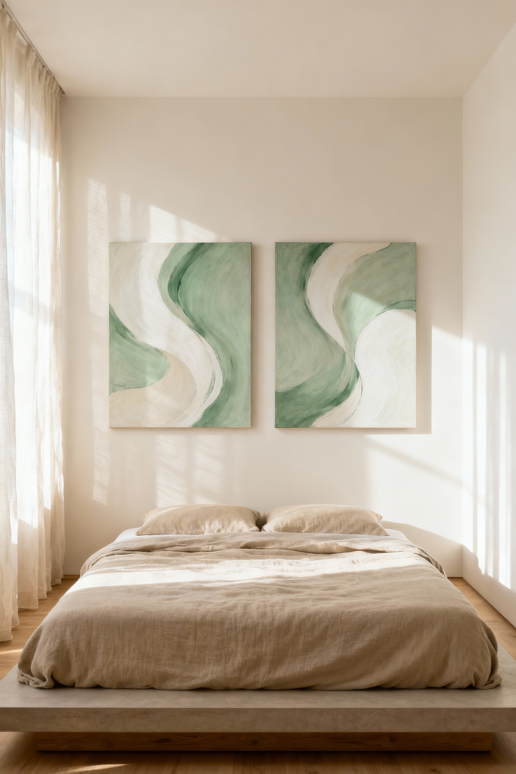 A serene bedroom featuring twin abstract art prints above the bed, illustrating calming wall decor principles for optimal psychological flow and Feng Shui.